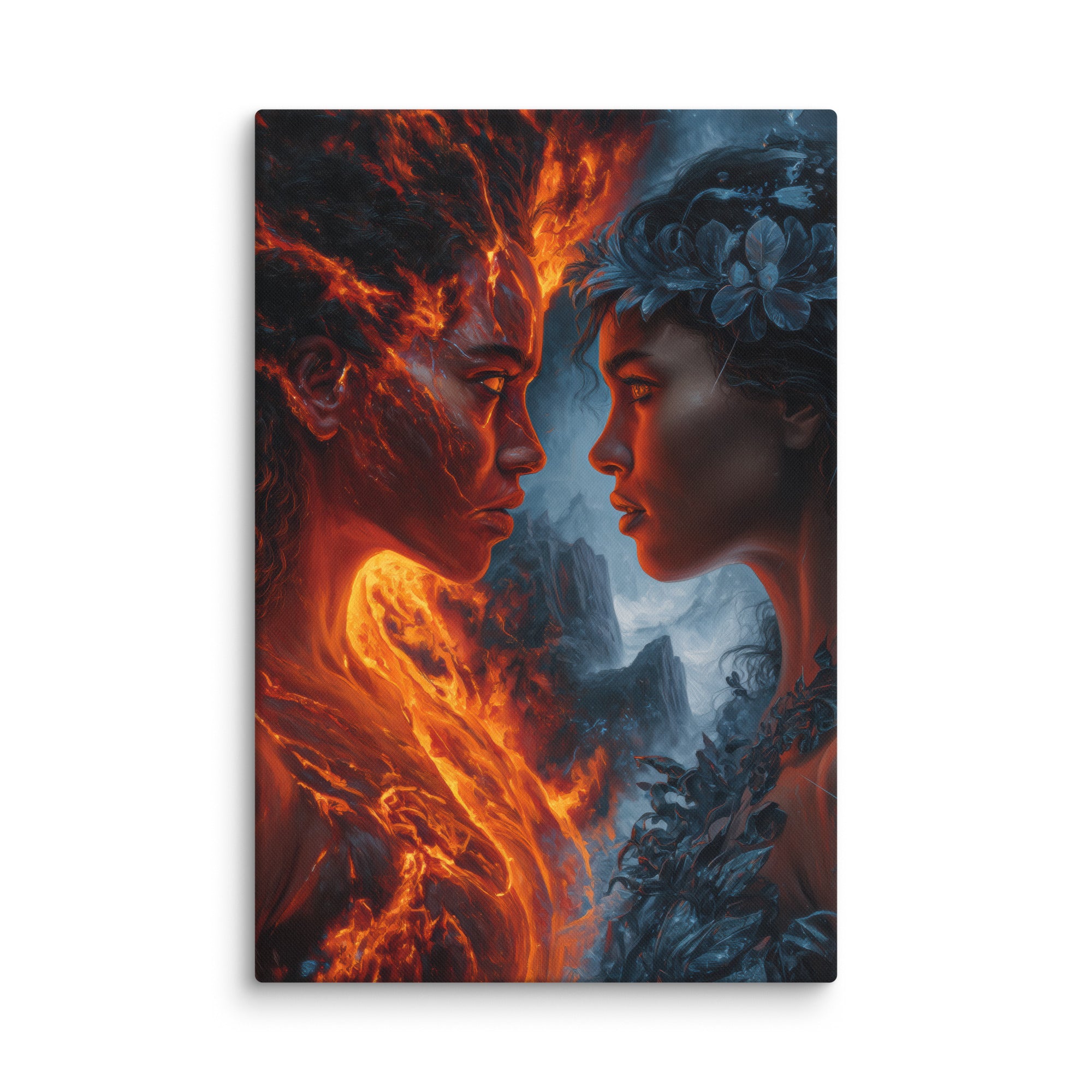 Hawaiian Pele vs Poliahu Hawaiian canvas wall art shown at 24×36 inch size