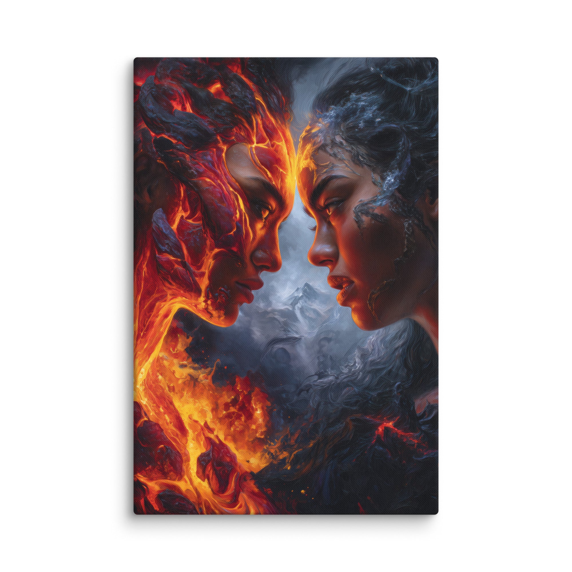 Hawaiian Pele vs Poliahu Hawaiian canvas wall art shown at 24×36 inch size