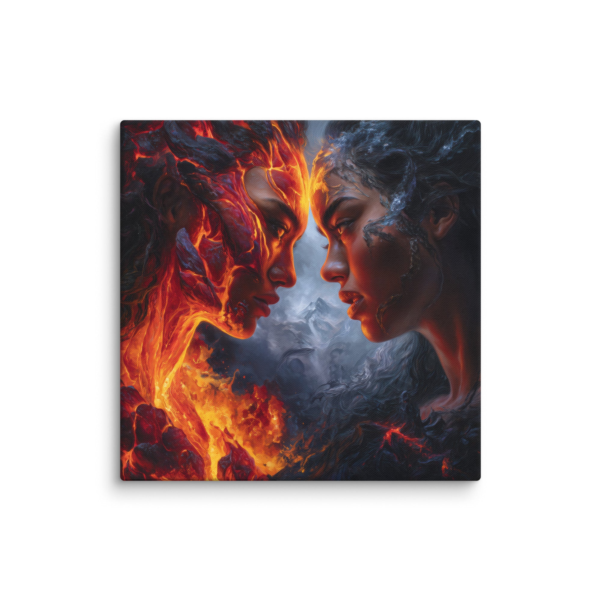 Hawaiian Pele vs Poliahu Hawaiian canvas wall art shown at 26×26 inch size