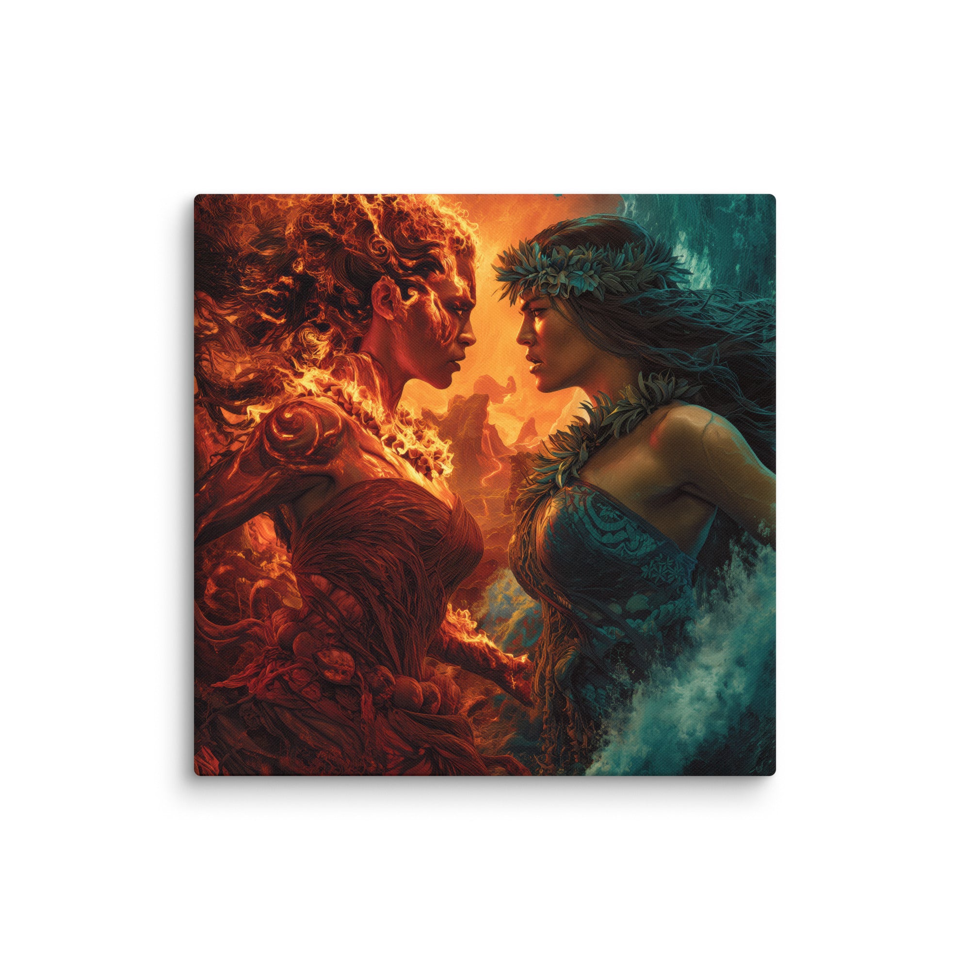 Hawaiian Pele vs Namaka Hawaiian canvas wall art shown at 28×28 inch size