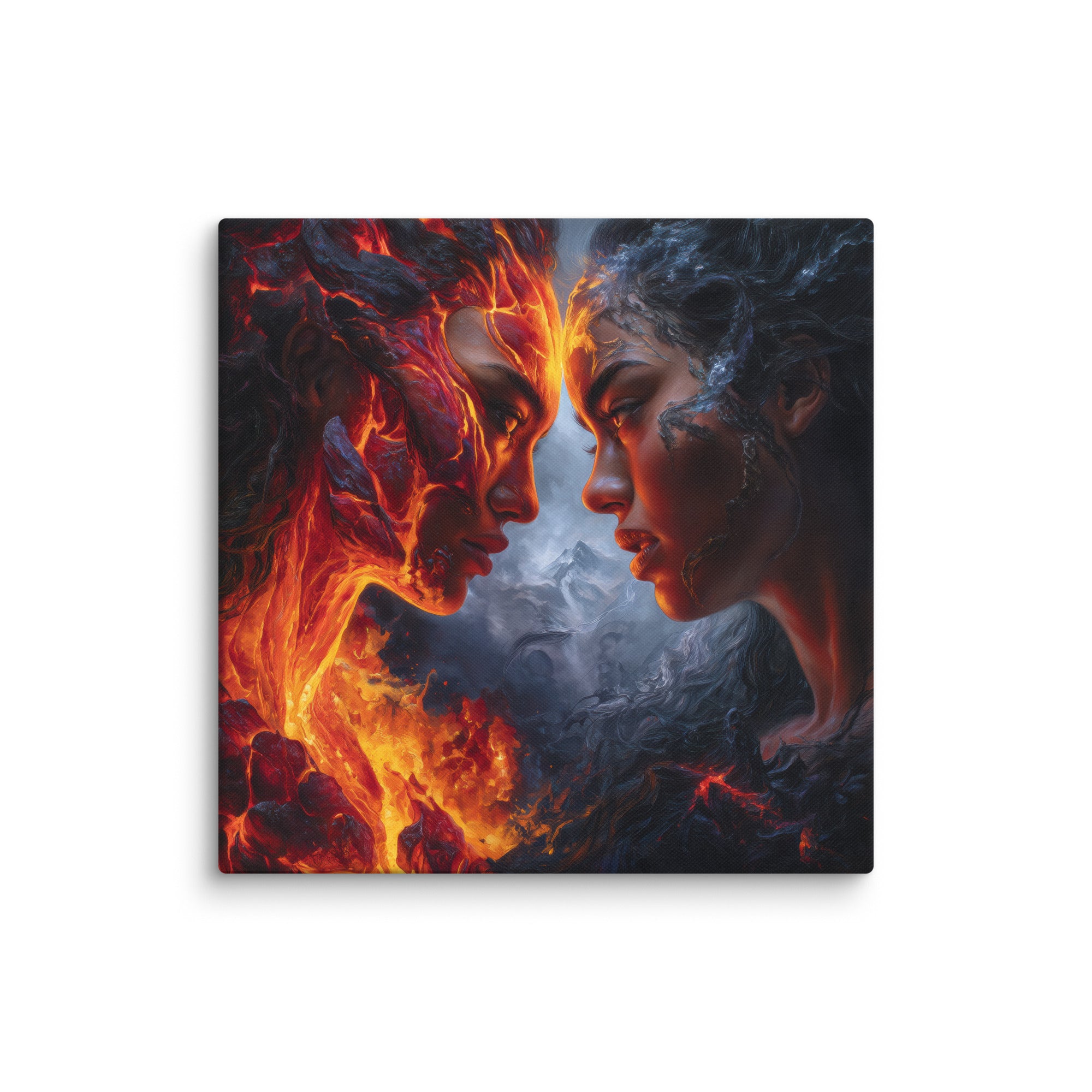 Hawaiian Pele vs Poliahu Hawaiian canvas wall art shown at 30×30 inch size