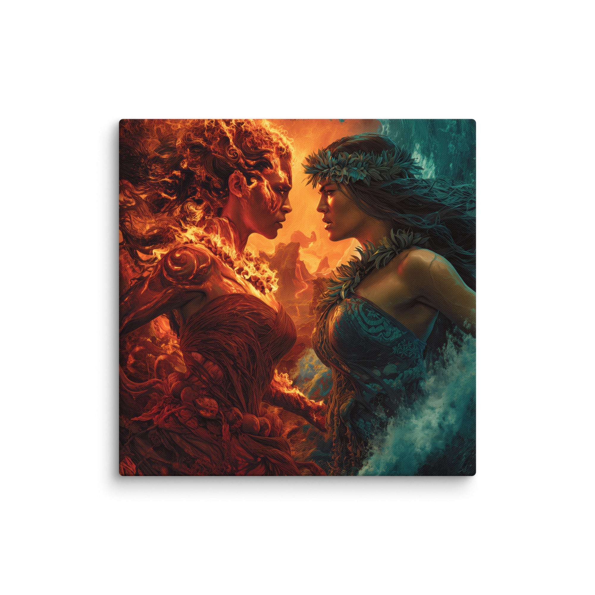 Hawaiian Pele vs Namaka Hawaiian canvas wall art shown at 32×32 inch size