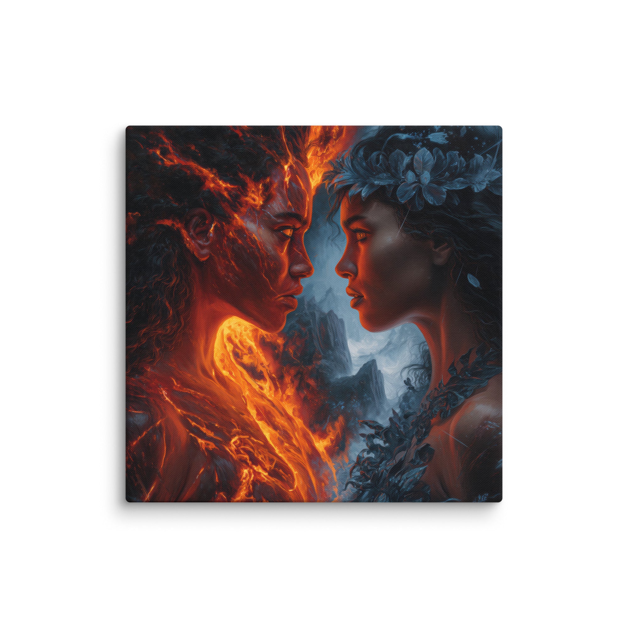 Hawaiian Pele vs Poliahu Hawaiian canvas wall art shown at 32×32 inch size