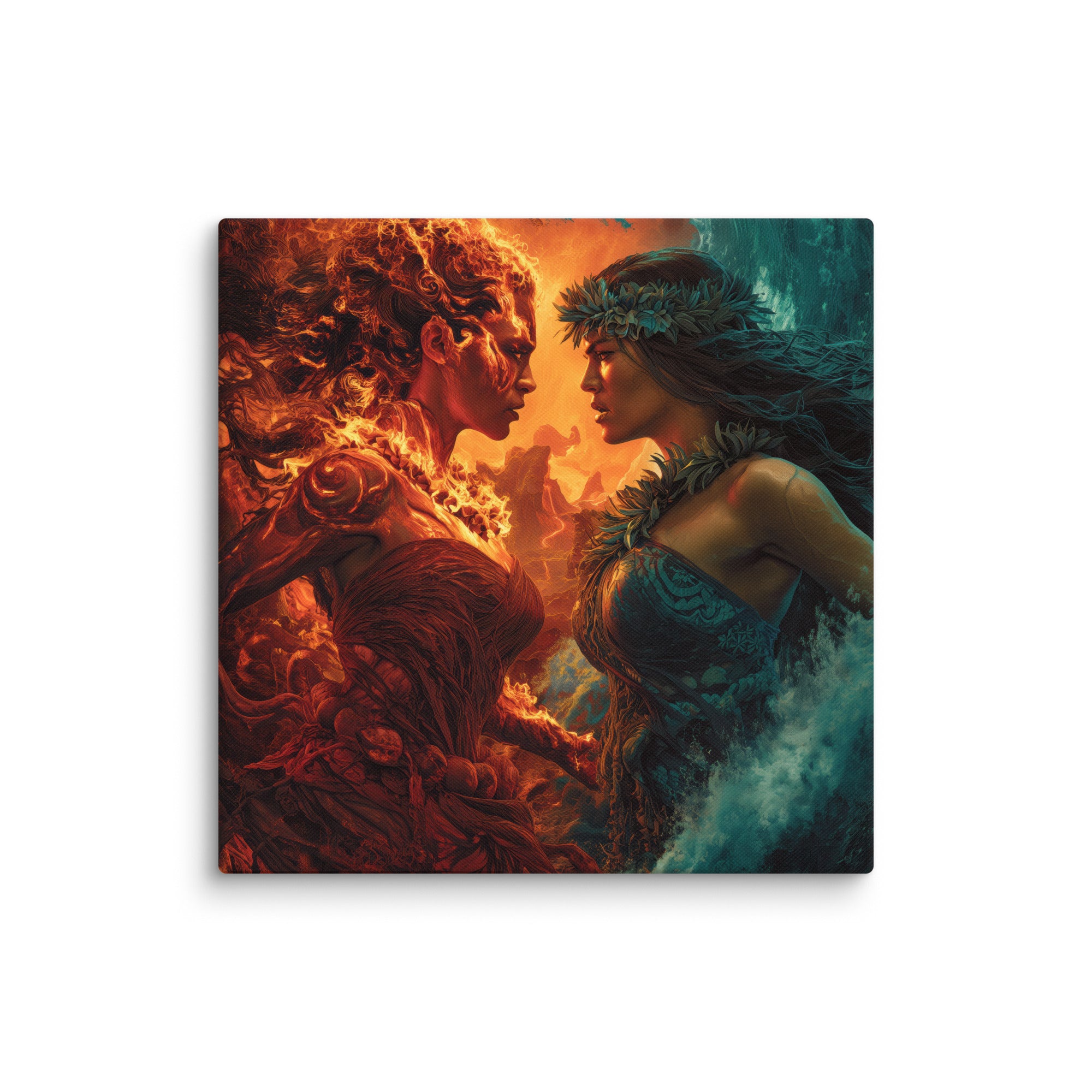 Hawaiian Pele vs Namaka Hawaiian canvas wall art shown at 36×36 inch size