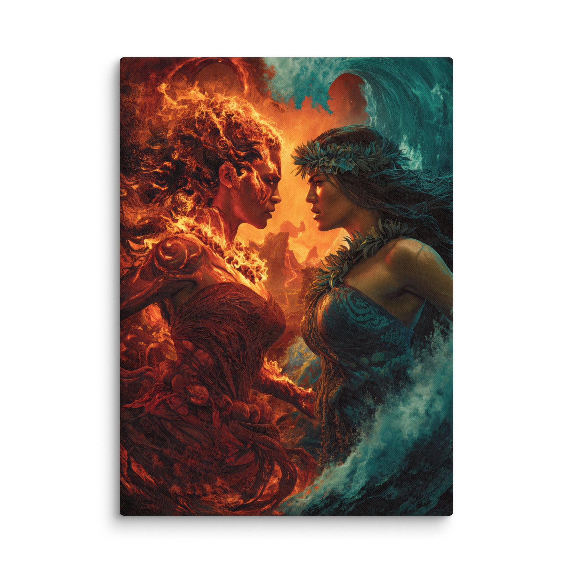 Hawaiian Pele vs Namaka Hawaiian canvas wall art shown at 40×55 inch size