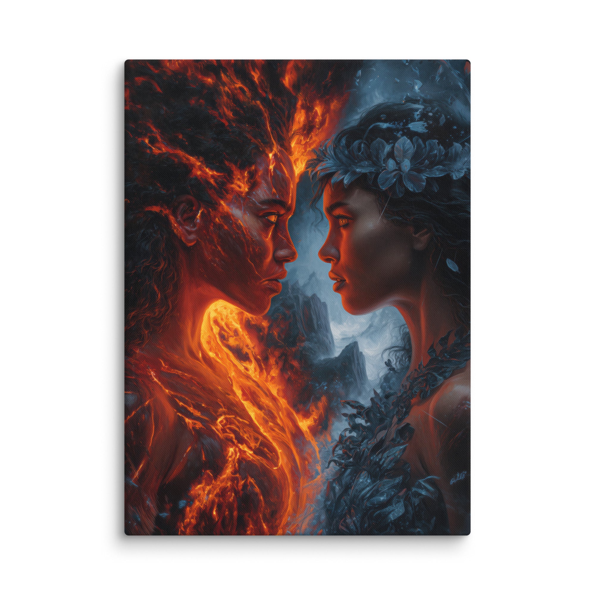 Hawaiian Pele vs Poliahu Hawaiian canvas wall art shown at 40×55 inch size