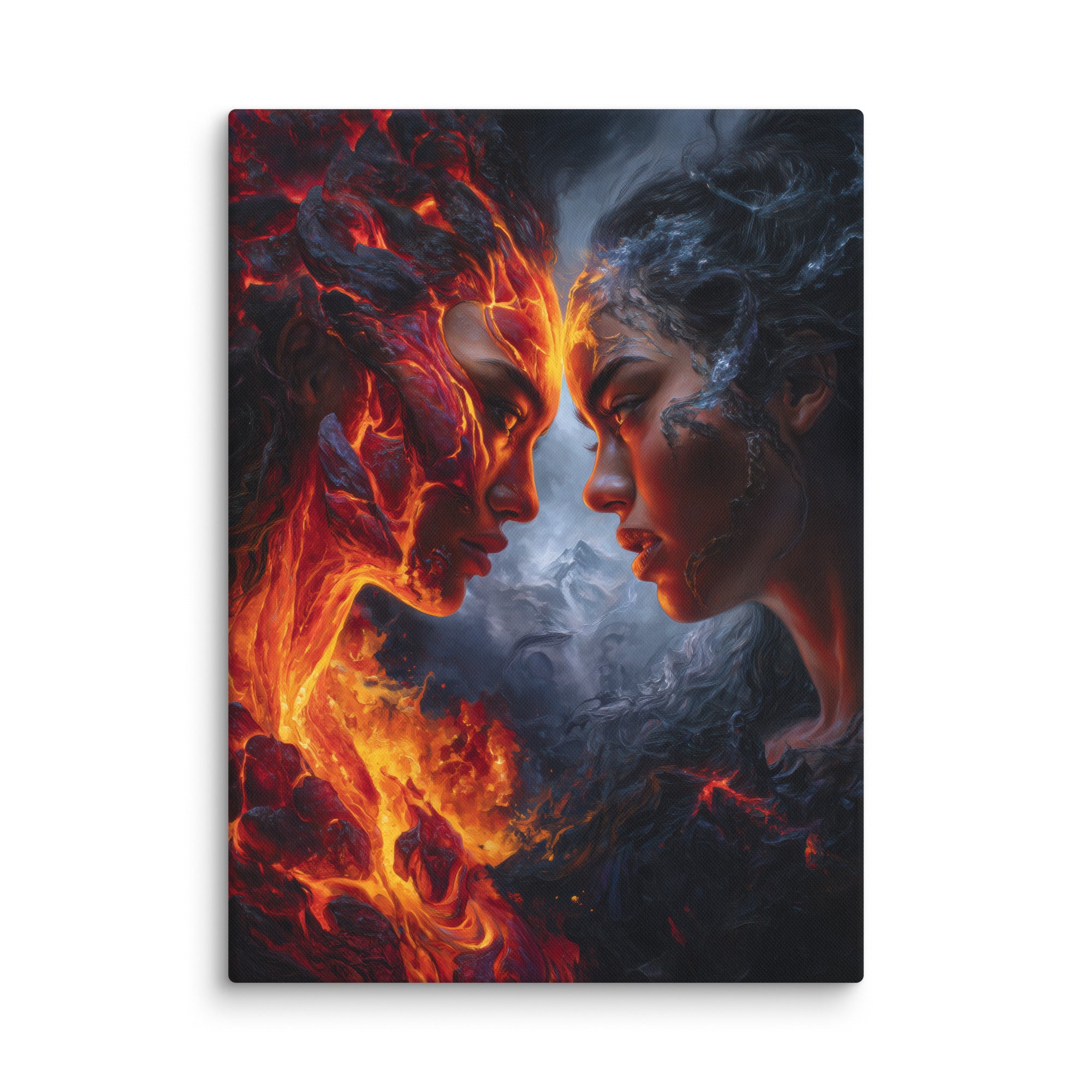 Hawaiian Pele vs Poliahu Hawaiian canvas wall art shown at 40×55 inch size