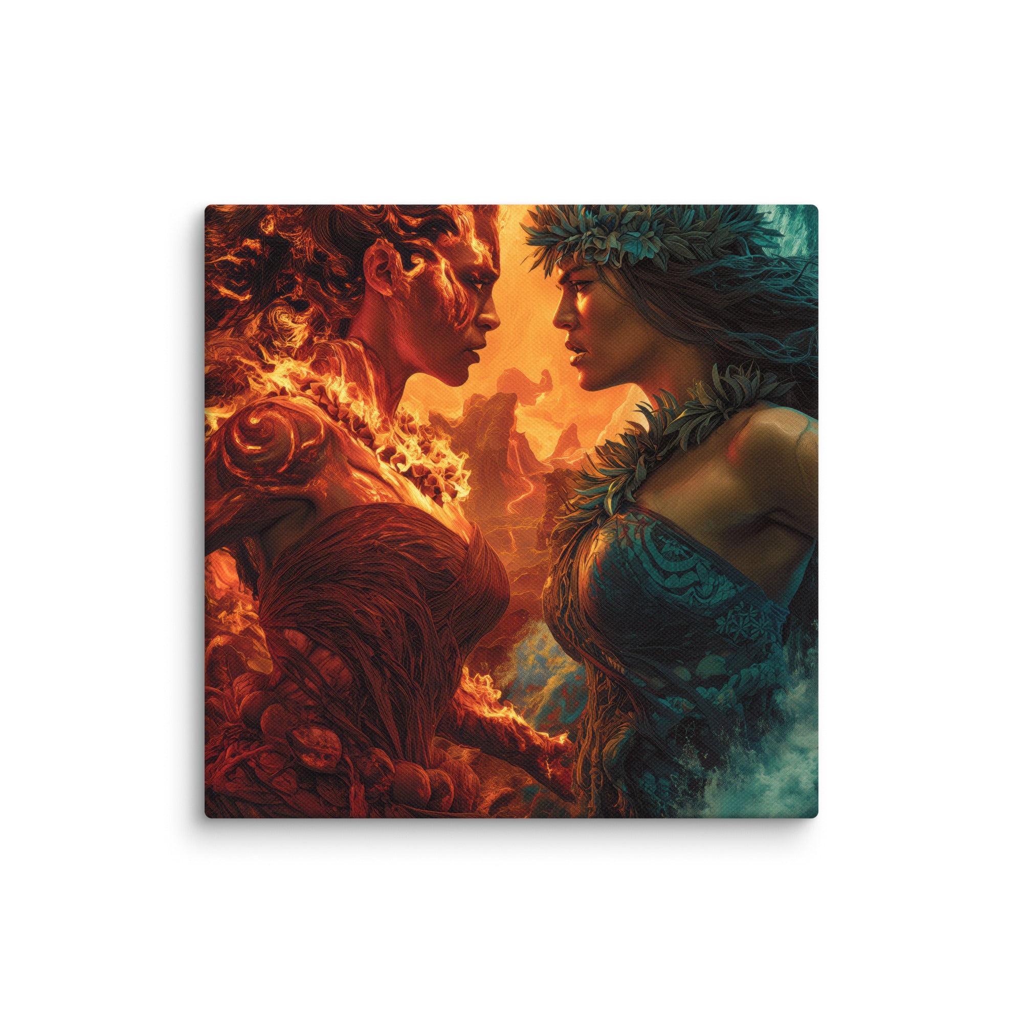 Hawaiian Pele vs Namaka Hawaiian canvas wall art shown at 8×8 inch size