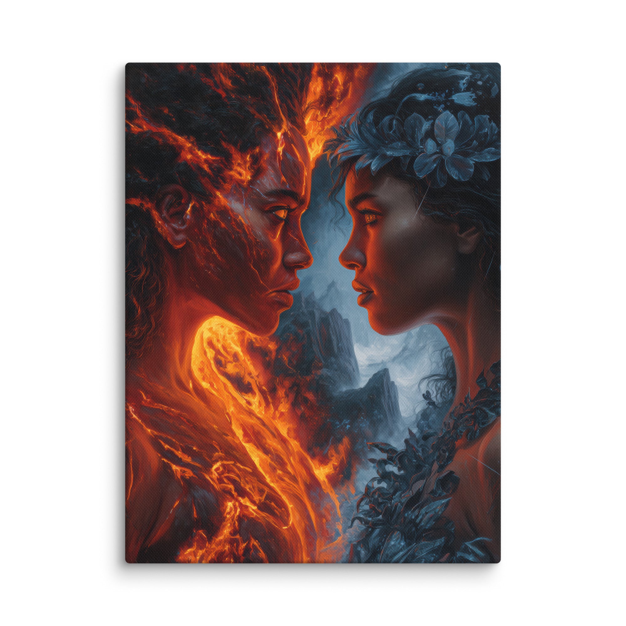 Hawaiian Pele vs Poliahu Hawaiian canvas wall art shown at 9×12 inch size