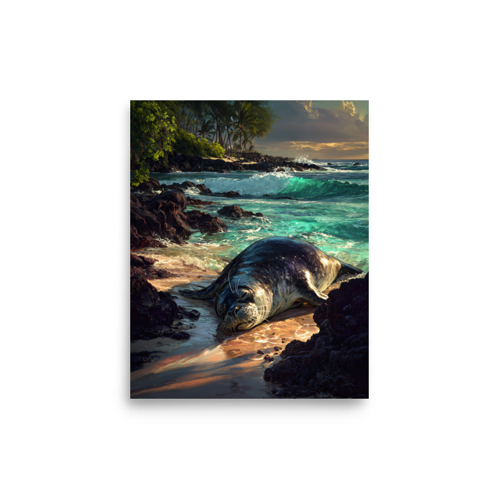 Hawaiian Monk Seal on the Beach — Hawaiian poster, digital oil painting wall art