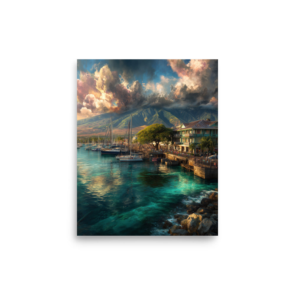 Lahaina Harbor Sunset — Hawaiian poster, digital oil painting wall art