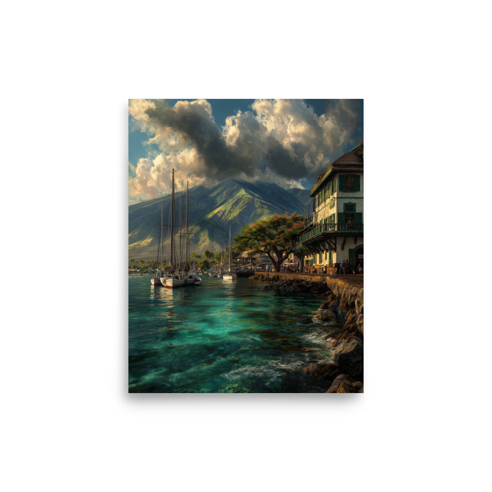 Lahaina Harbor Sunset — Hawaiian poster, digital oil painting wall art