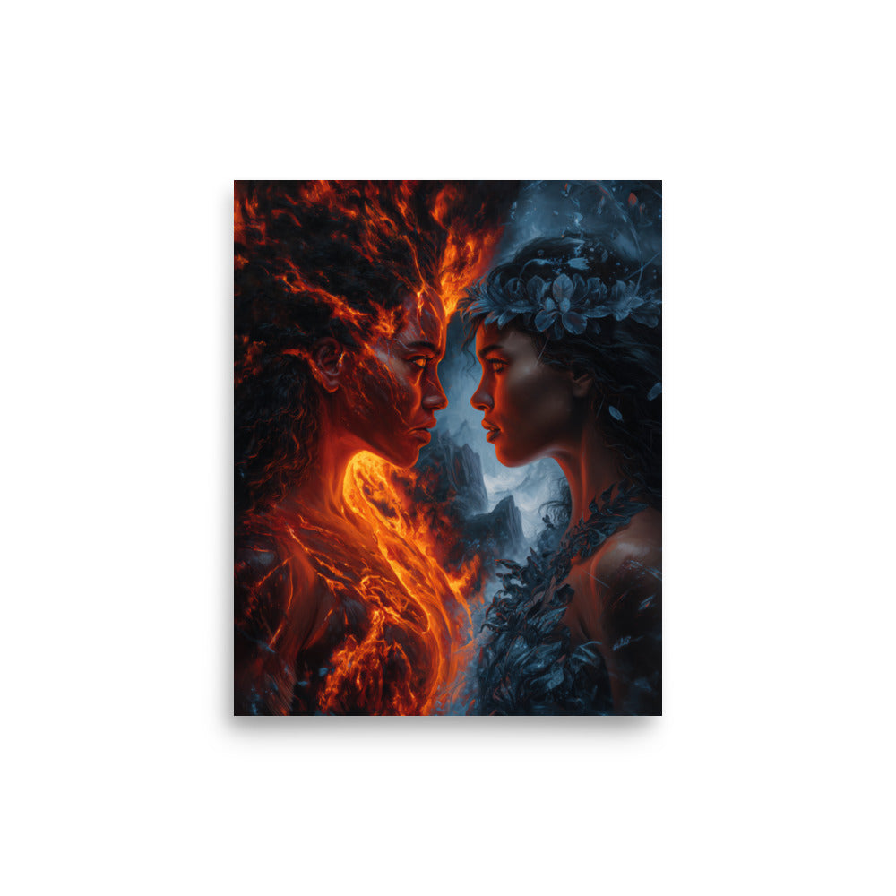 Pele vs Poliʻahu Fire & Ice — Hawaiian poster, digital oil painting wall art