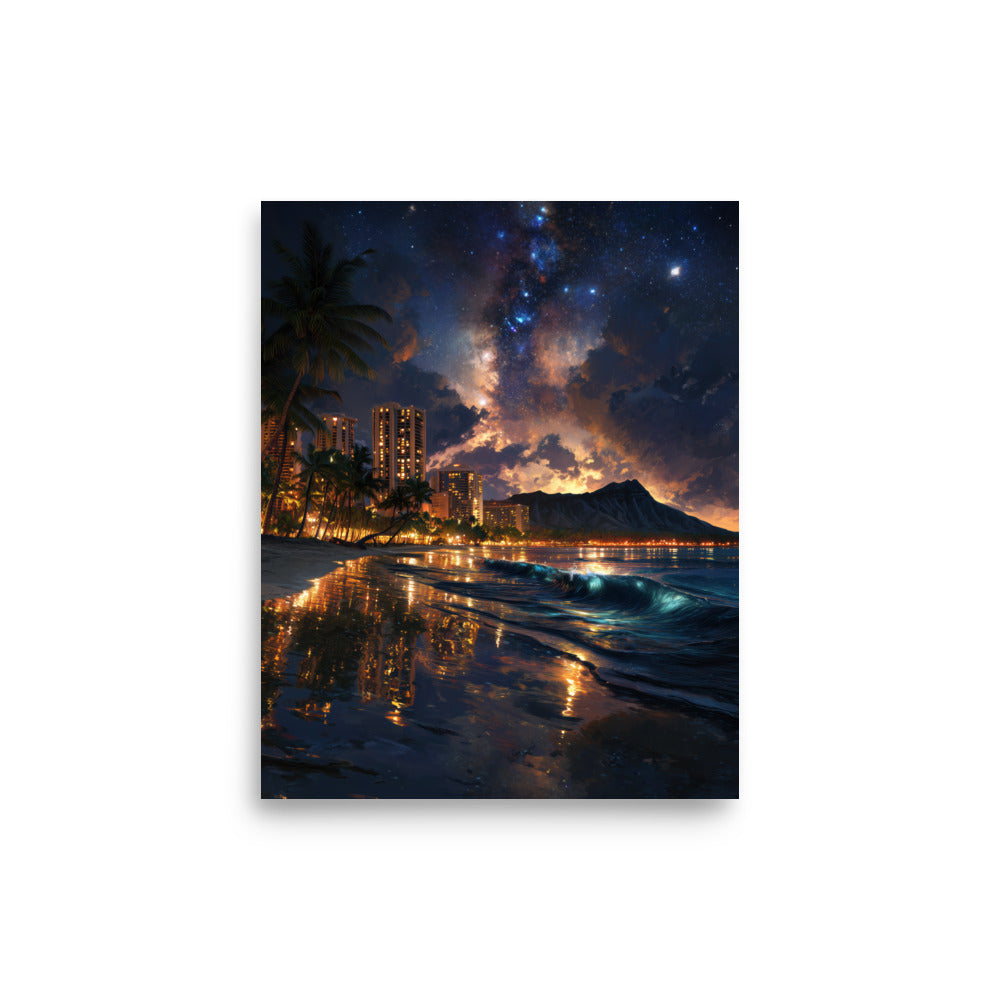 Waikīkī Beach at Night — Hawaiian poster, digital oil painting wall art