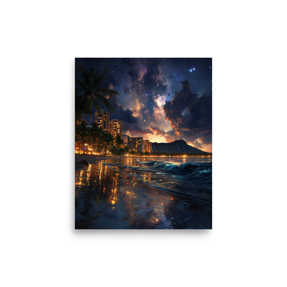 Waikīkī Beach at Night — Hawaiian poster, digital oil painting wall art