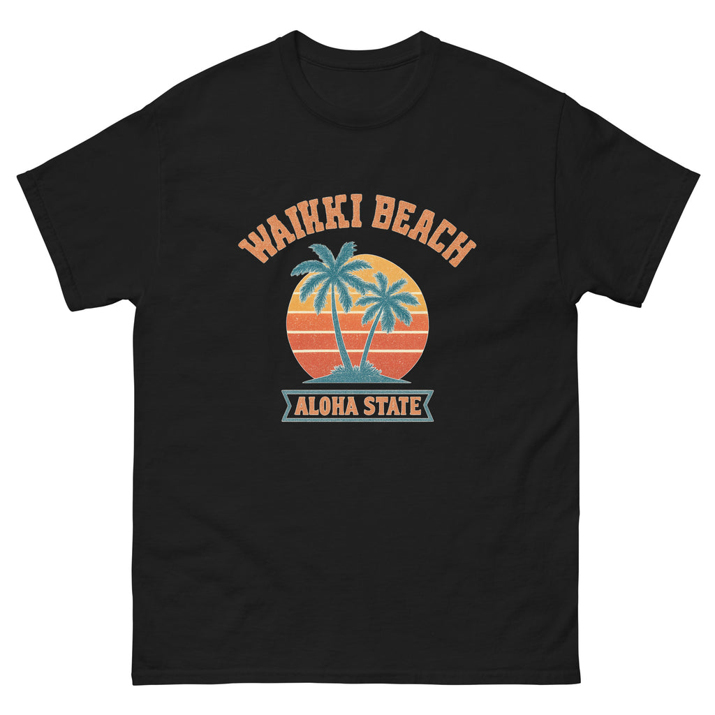 Waikiki Sunset Hawaiian t-shirt design on a Black unisex tee