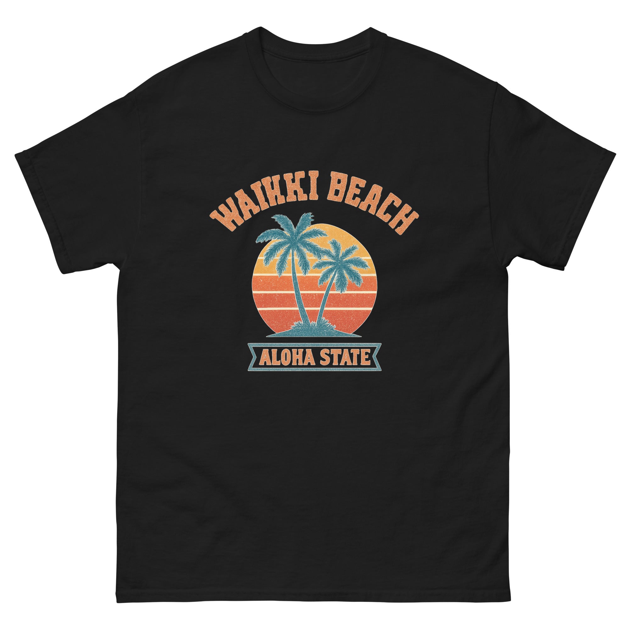 Waikiki Sunset Hawaiian t-shirt design on a Black unisex tee