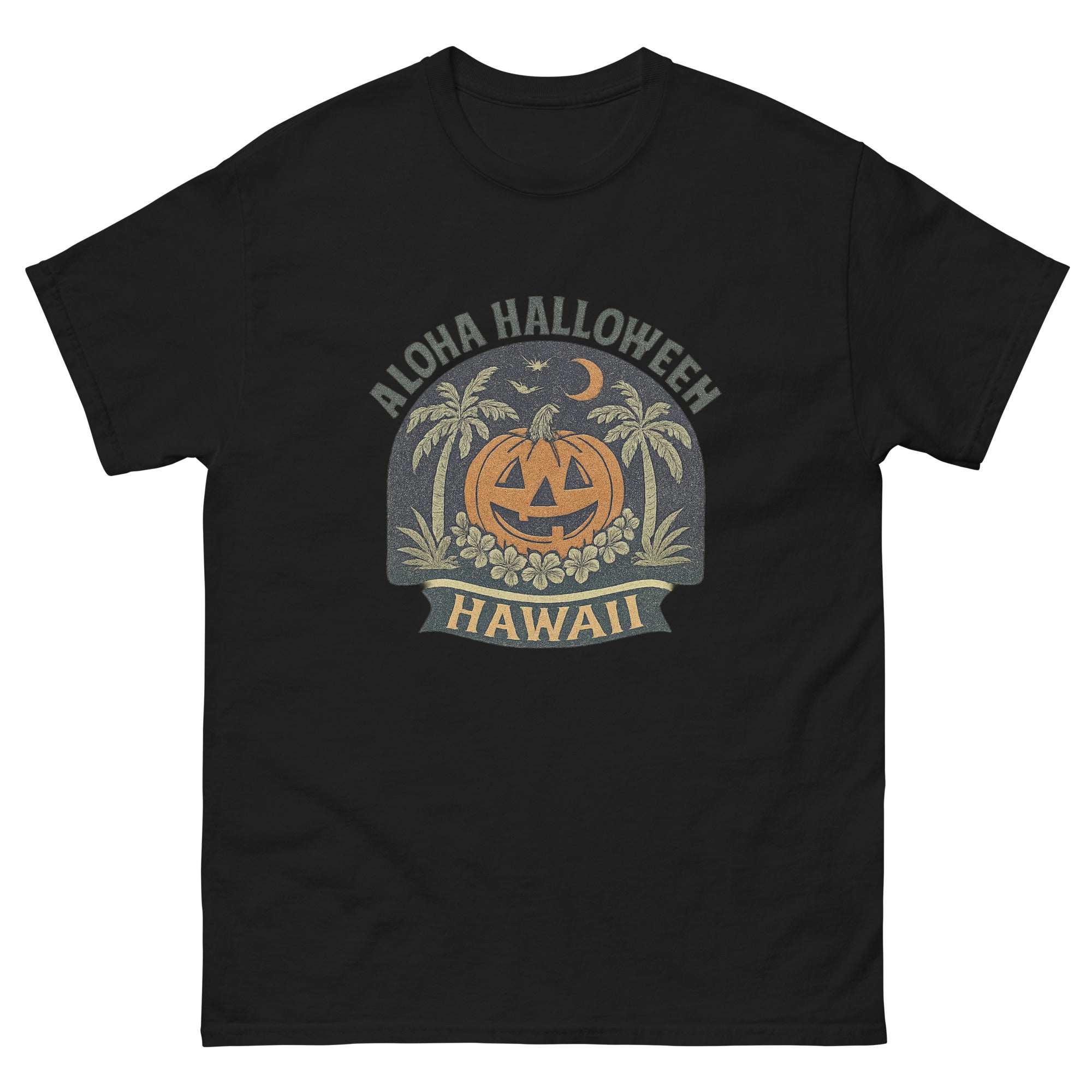 Aloha Halloween Hawaiian t-shirt design on a Black unisex tee
