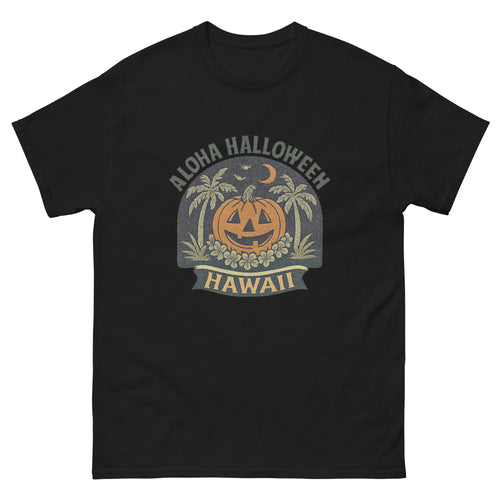 Aloha Halloween Hawaiian t-shirt design on a Black unisex tee