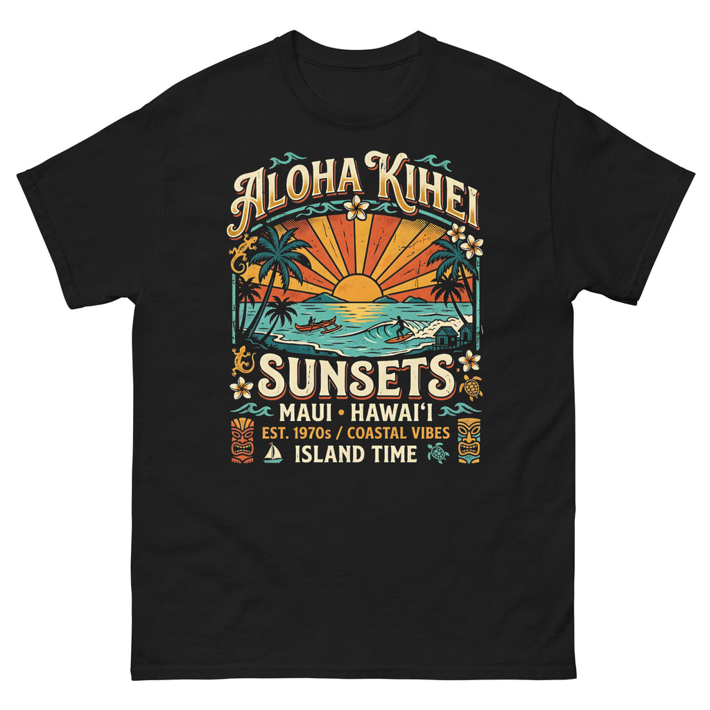 Aloha Kihei Sunsets Hawaiian t-shirt design on a Black unisex tee