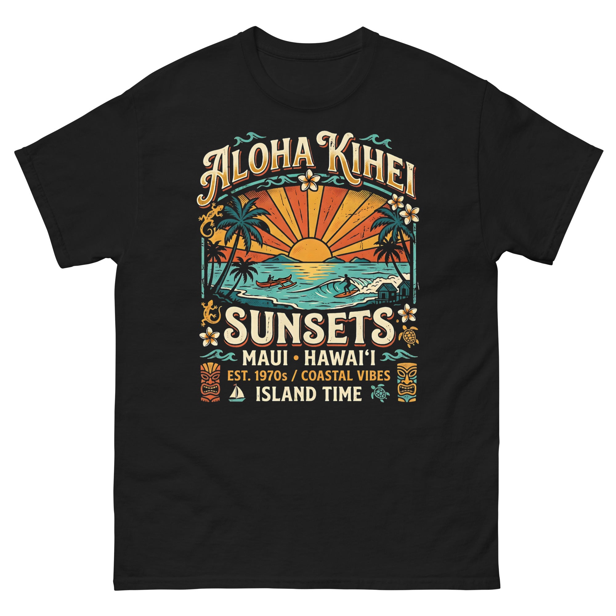 Aloha Kihei Sunsets Hawaiian t-shirt design on a Black unisex tee