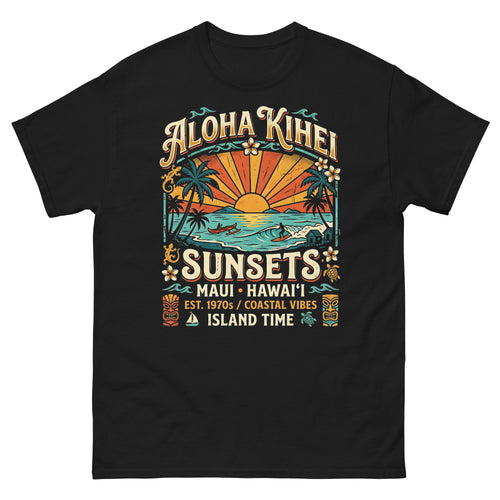 Aloha Kihei Sunsets Hawaiian t-shirt design on a Black unisex tee