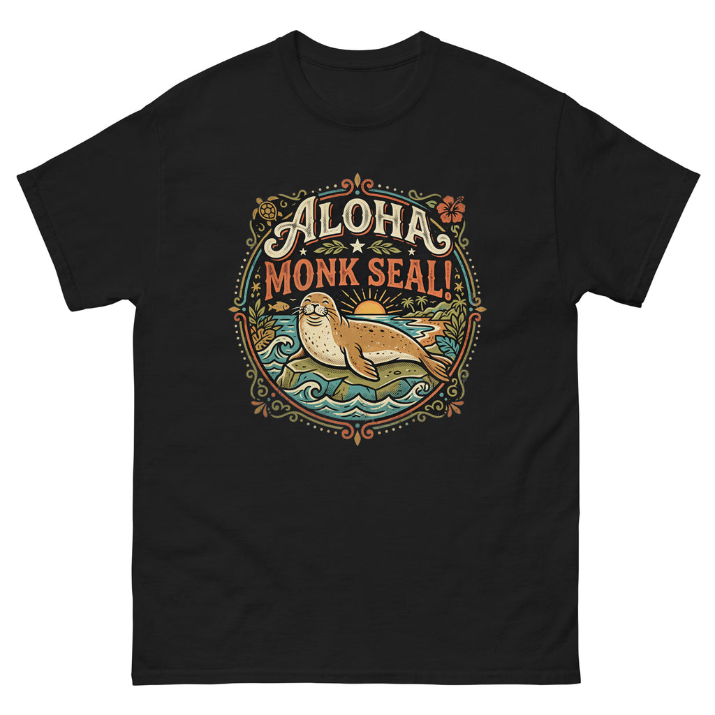 Aloha Monk Seal Hawaiian t-shirt design on a Black unisex tee