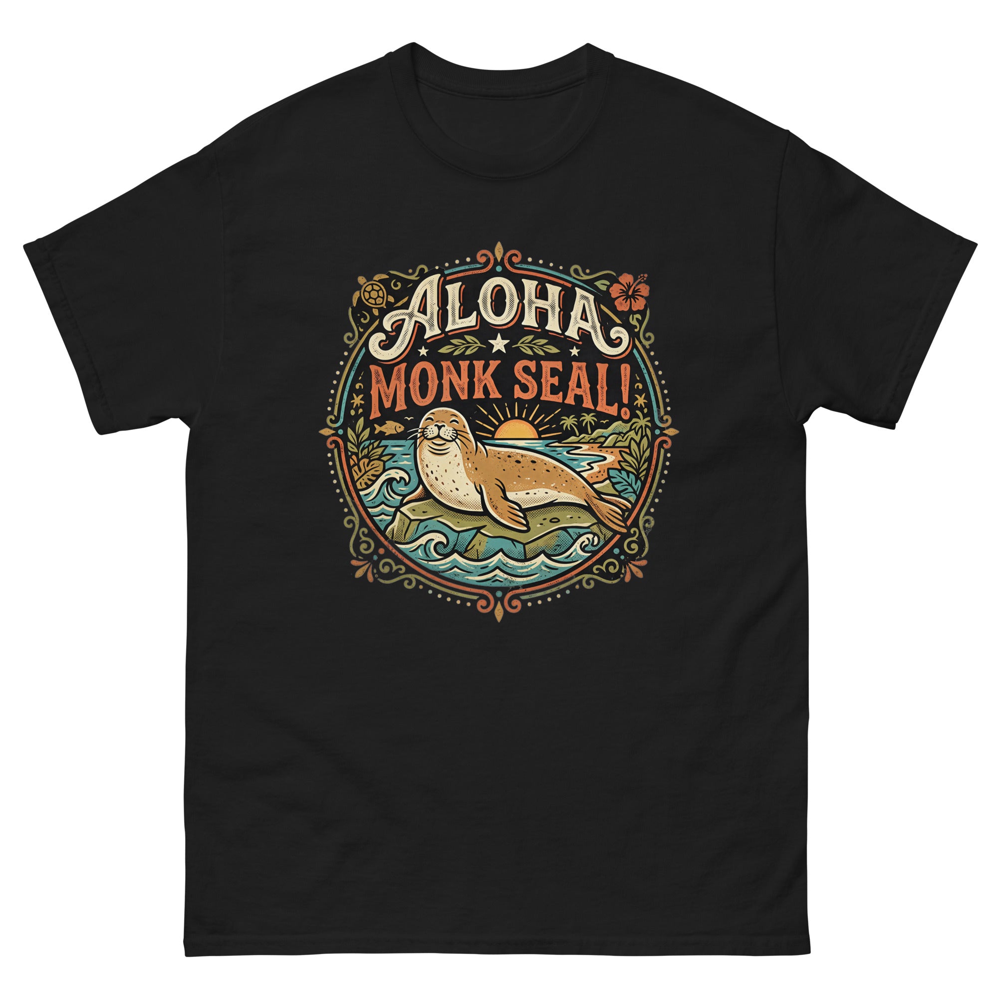 Aloha Monk Seal Hawaiian t-shirt design on a Black unisex tee