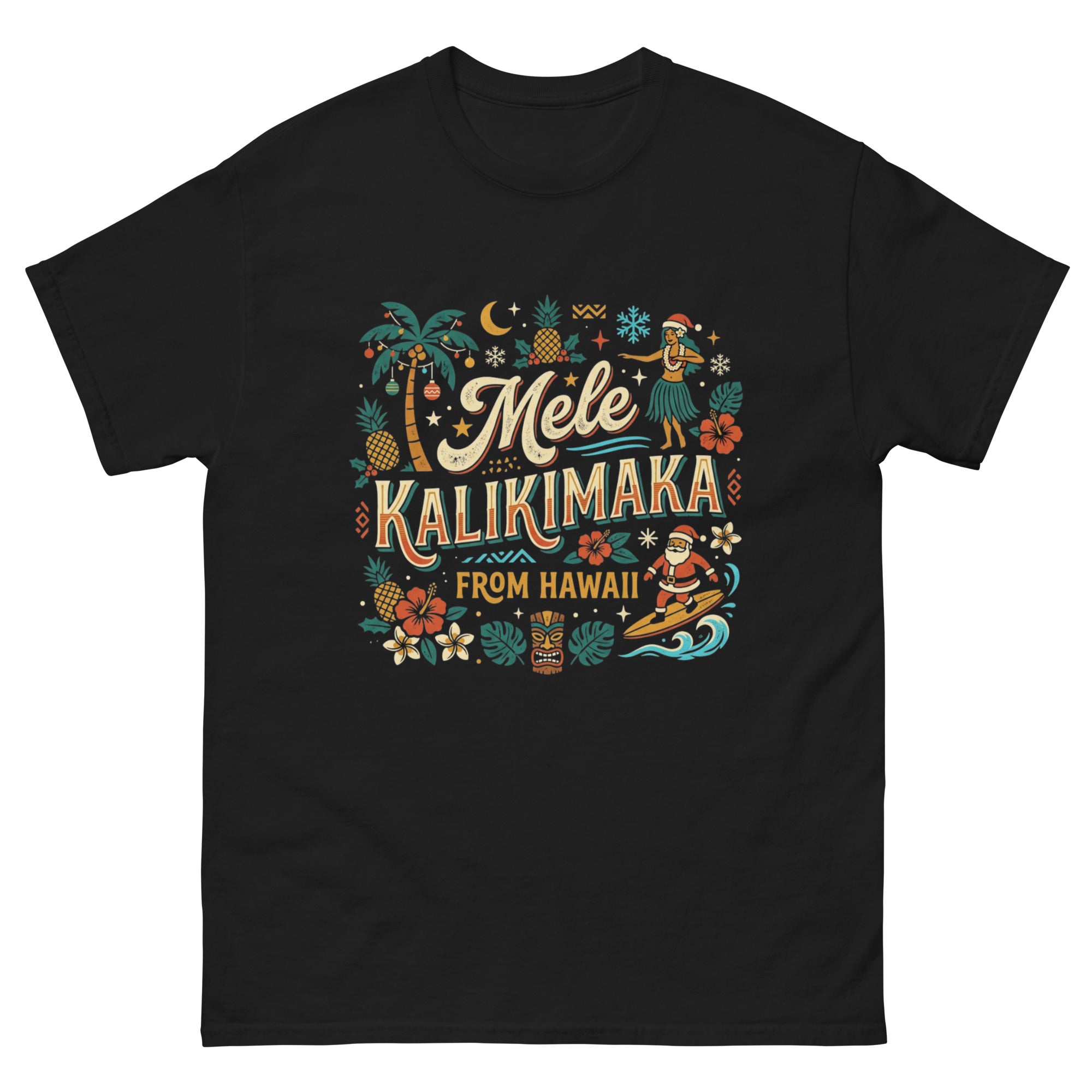 Mele Kalikimaka from Hawaii Hawaiian t-shirt design on a Black unisex tee