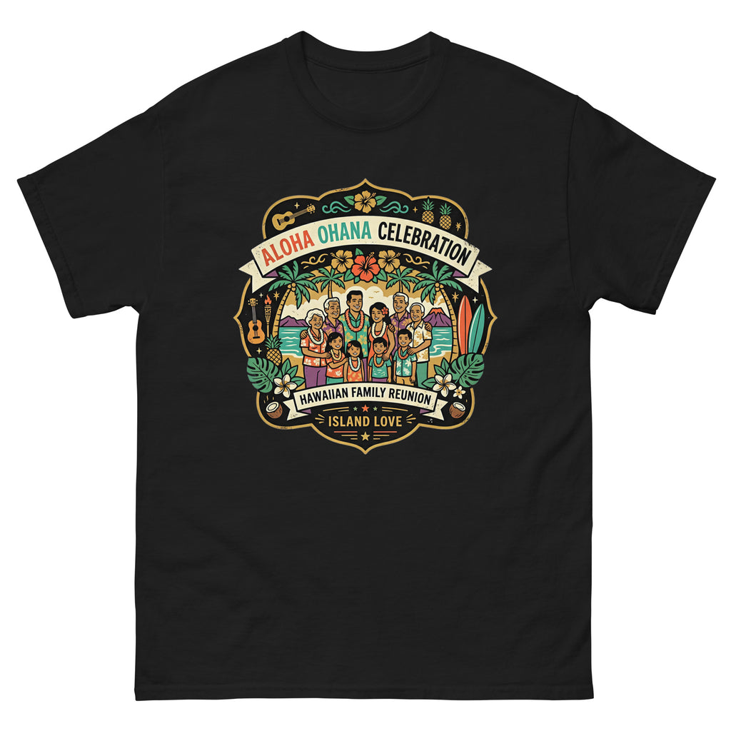 Ohana Family Reunion Gathering Hawaiian t-shirt design on a Black unisex tee