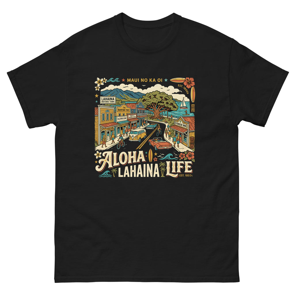Aloha Lahaina Life Maui No Ka Oi Hawaiian t-shirt design on a Black unisex tee