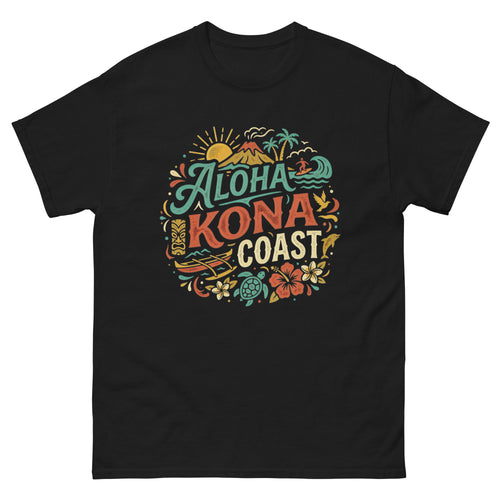 Aloha Kona Coast Hawaiian t-shirt design on a Black unisex tee