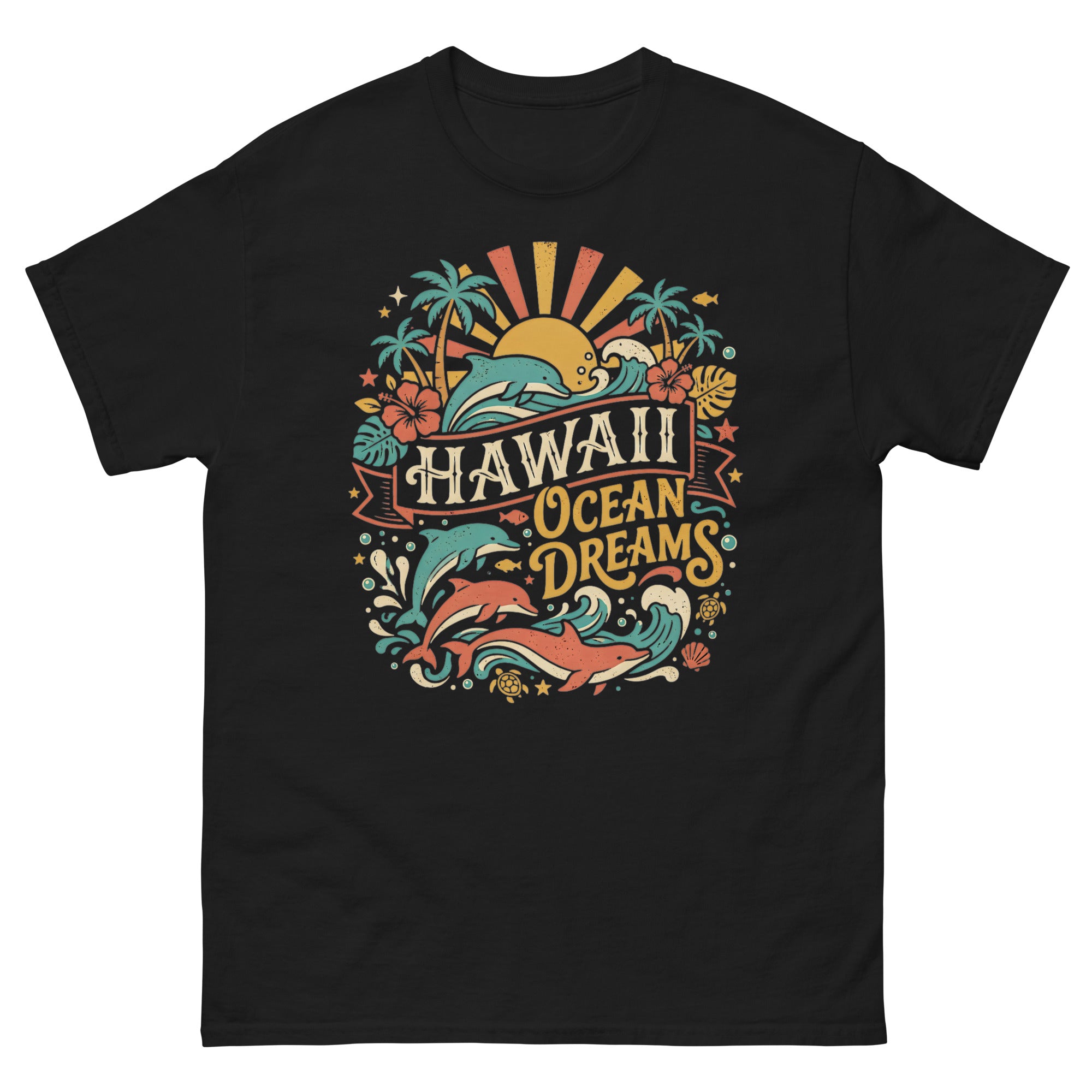 Aloha State Dolphins v3 Hawaiian t-shirt design on a Black unisex tee