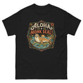 Aloha Monk Seal Emblem Hawaiian t-shirt design on a Black unisex tee