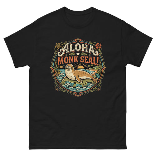 Aloha Monk Seal Emblem Hawaiian t-shirt design on a Black unisex tee