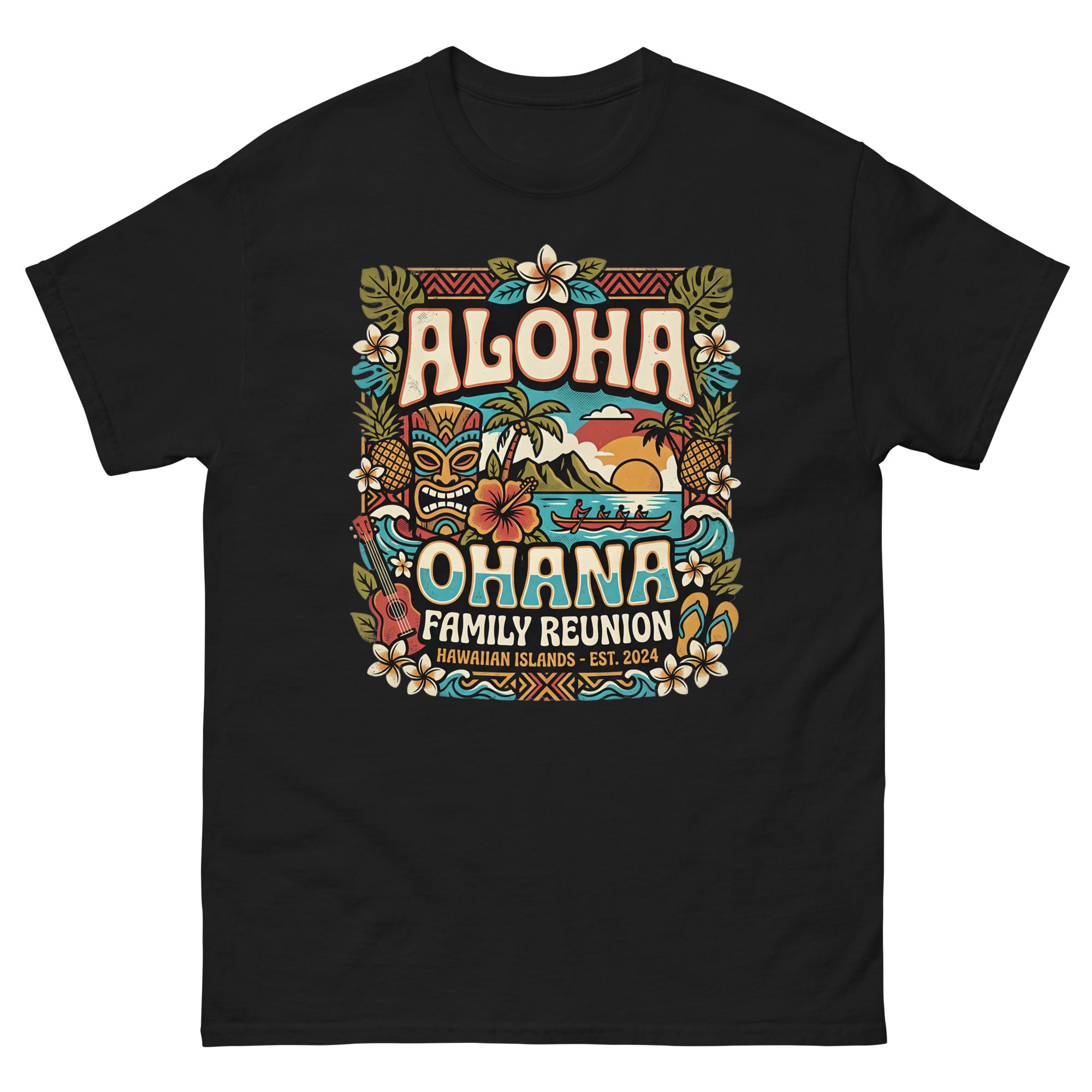 Ohana Family Reunion Gathering v4 Hawaiian t-shirt design on a Black unisex tee