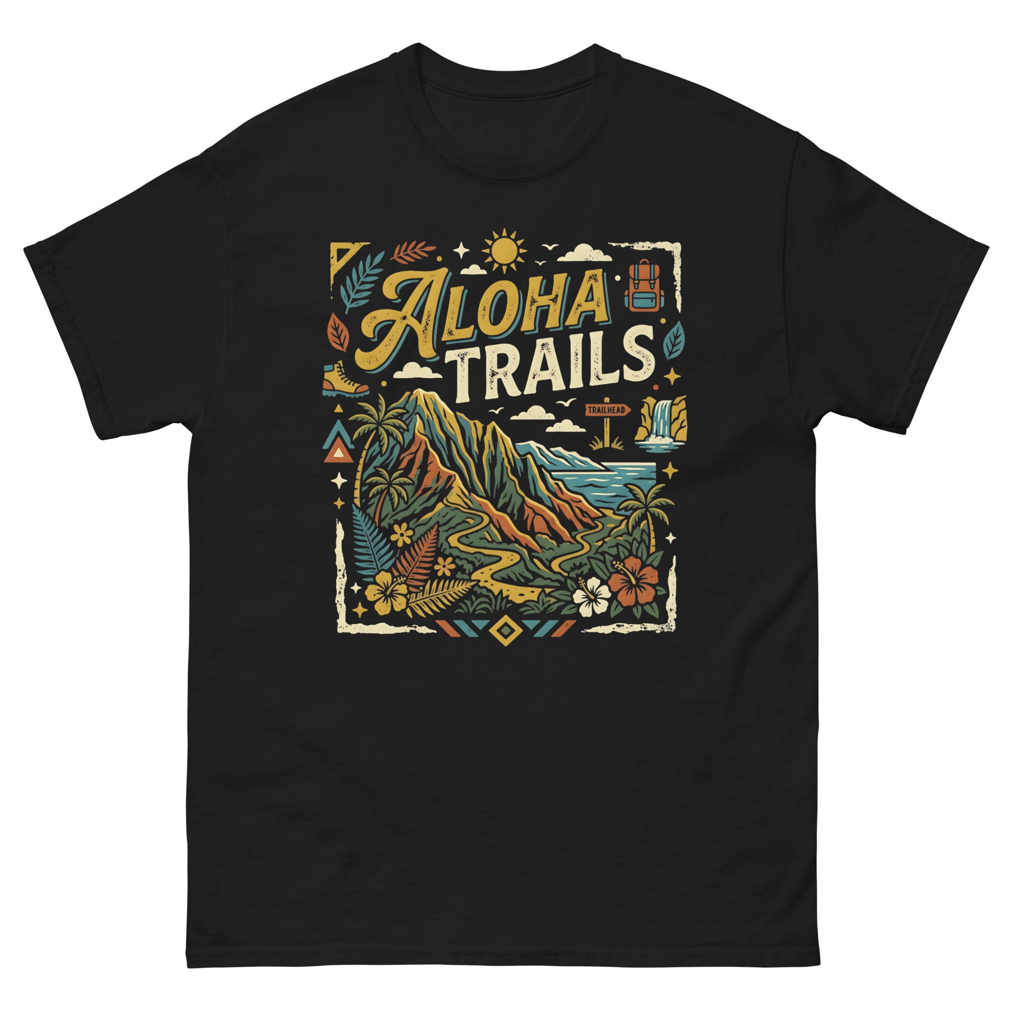 Aloha Trails v1 Hawaiian t-shirt design on a Black unisex tee
