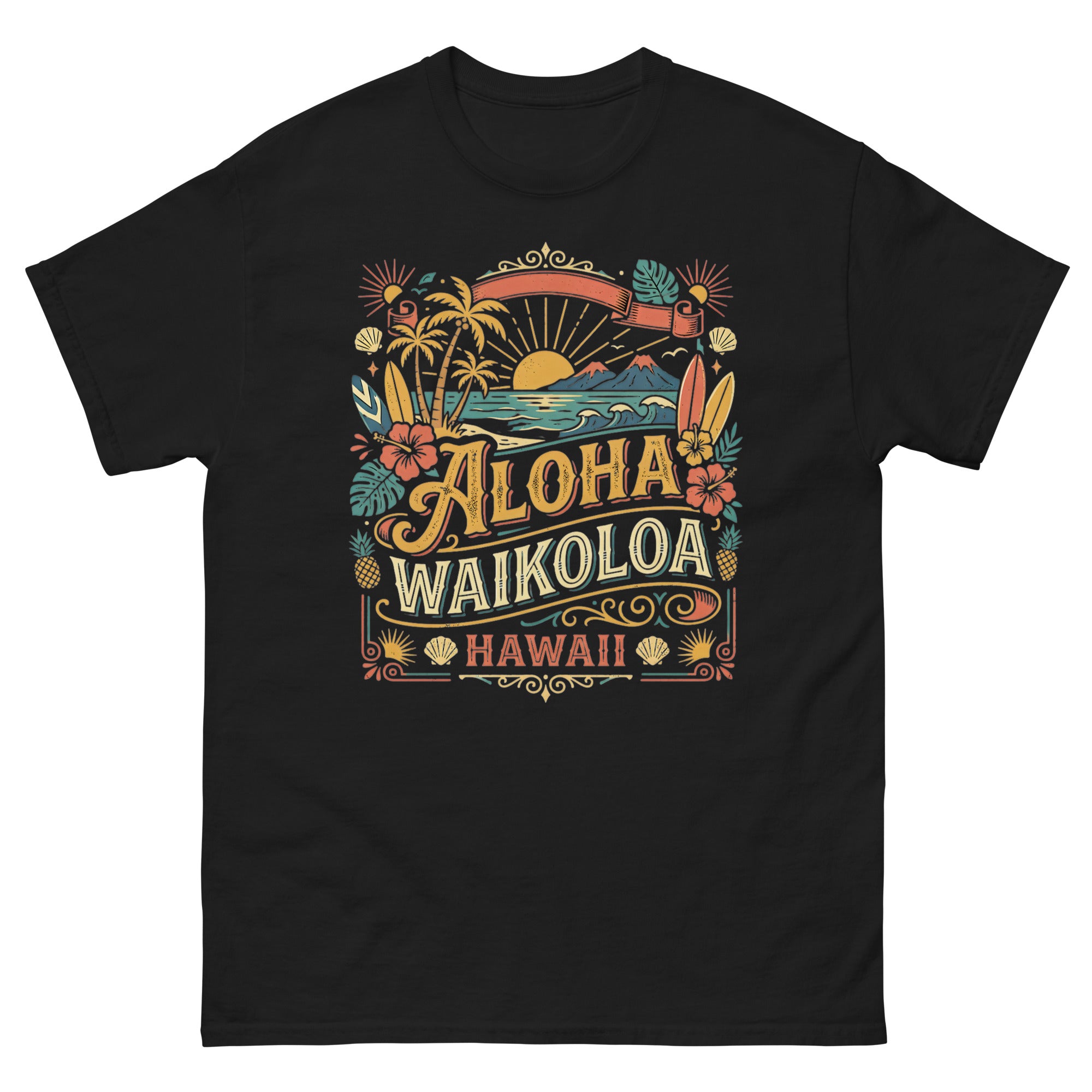 Aloha Waikoloa Hawaii Hawaiian t-shirt design on a Black unisex tee
