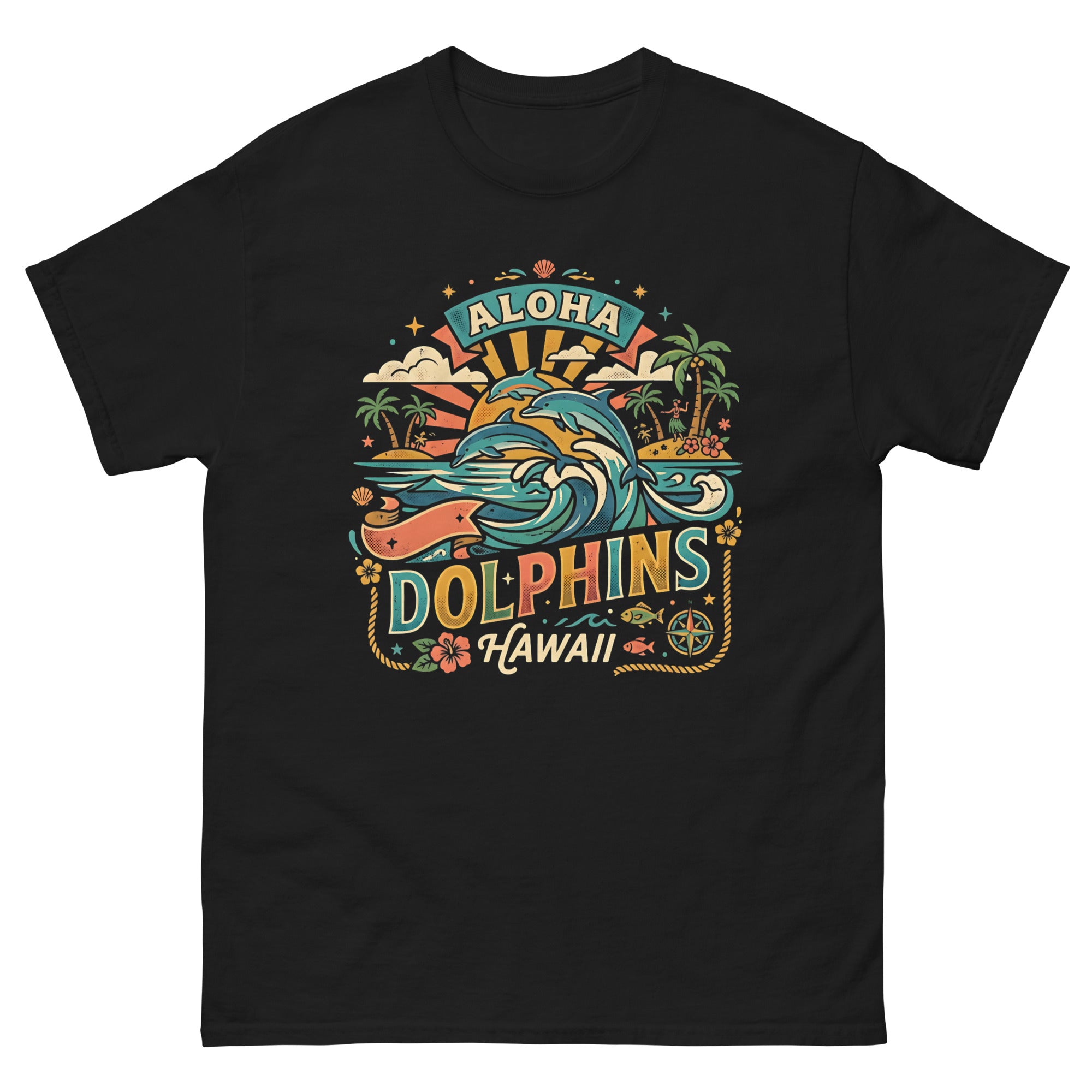 Aloha State Dolphins v4 Hawaiian t-shirt design on a Black unisex tee
