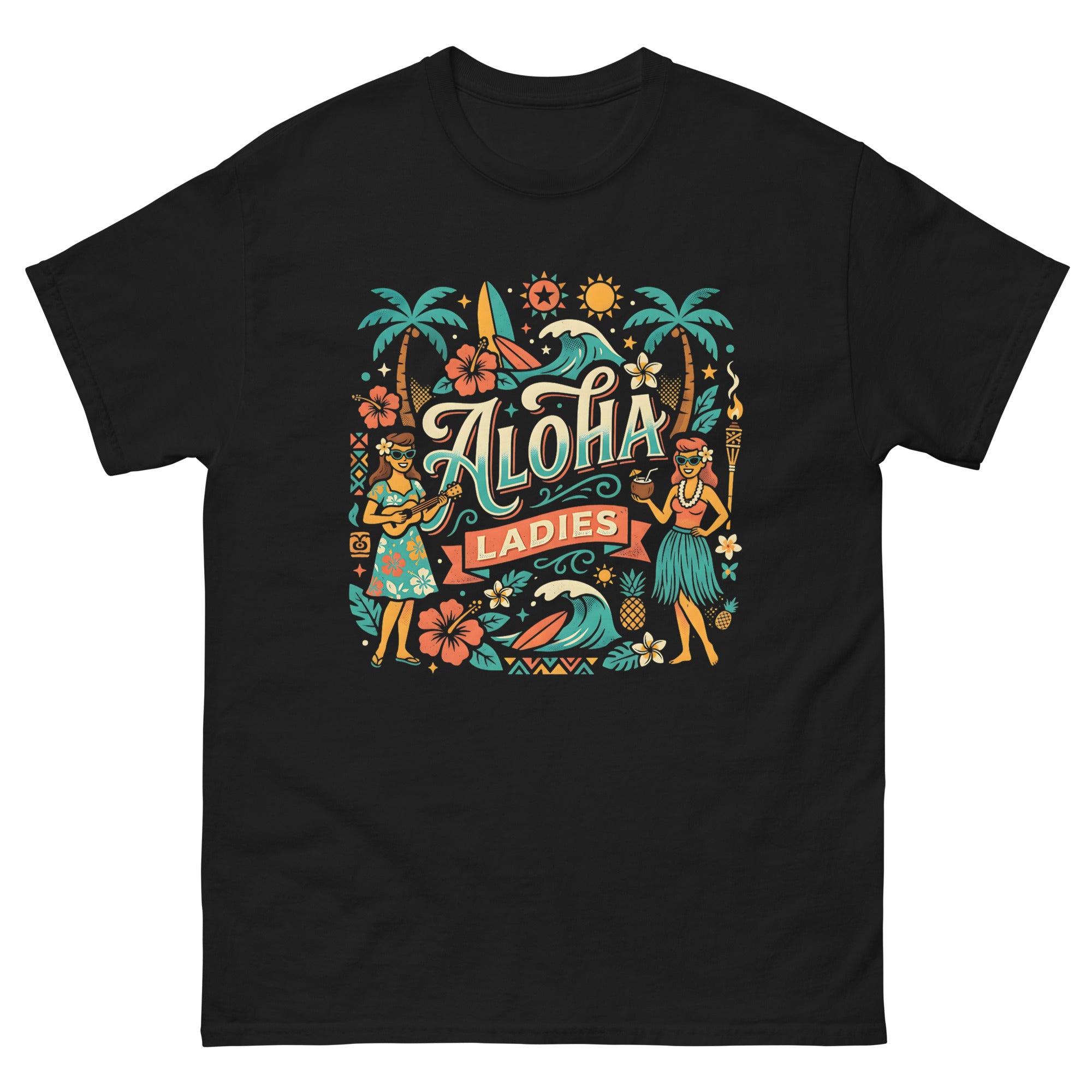 Aloha Sisters v3 Hawaiian t-shirt design on a Black unisex tee