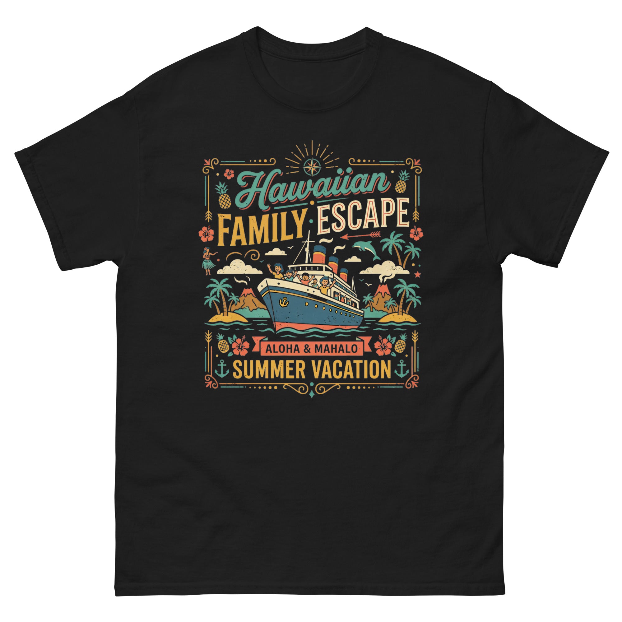 Hawaii Ohana Sea Adventure v4 Hawaiian t-shirt design on a Black unisex tee