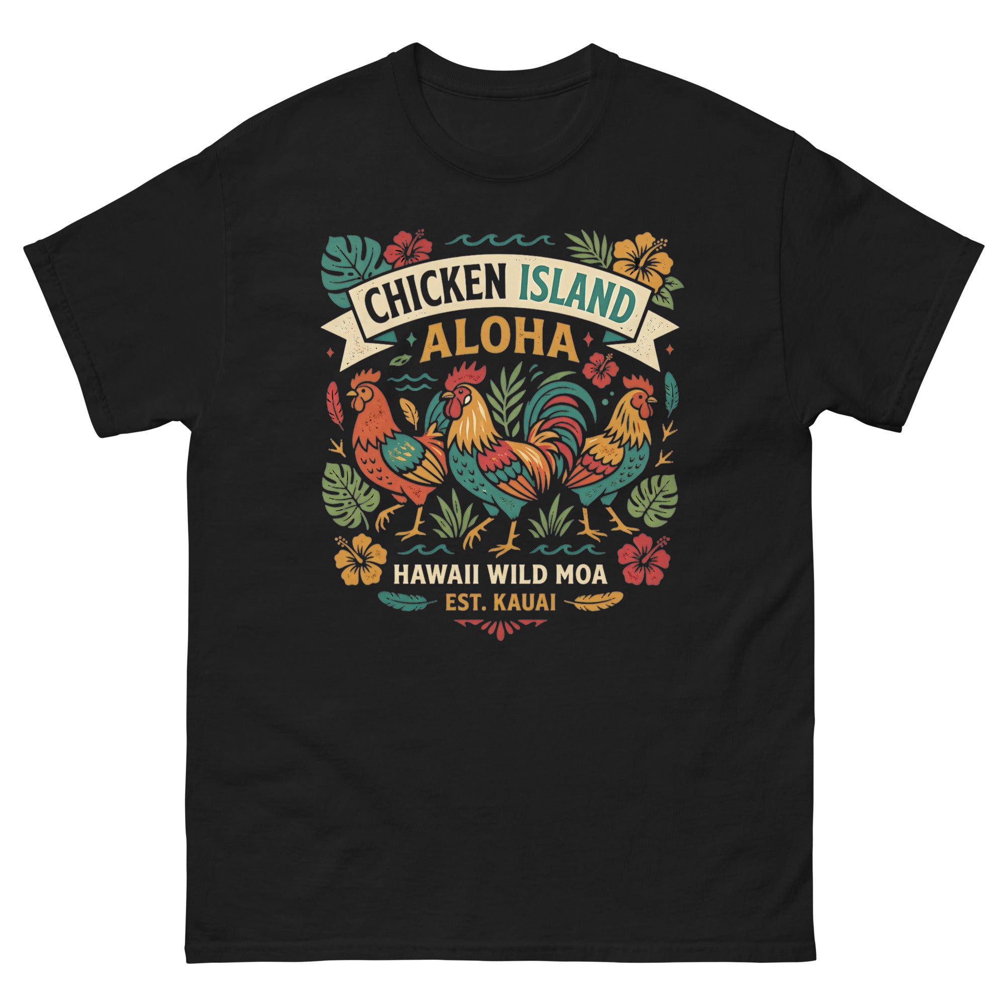 Chicken Island Aloha Kauai v1 Hawaiian t-shirt design on a Black unisex tee
