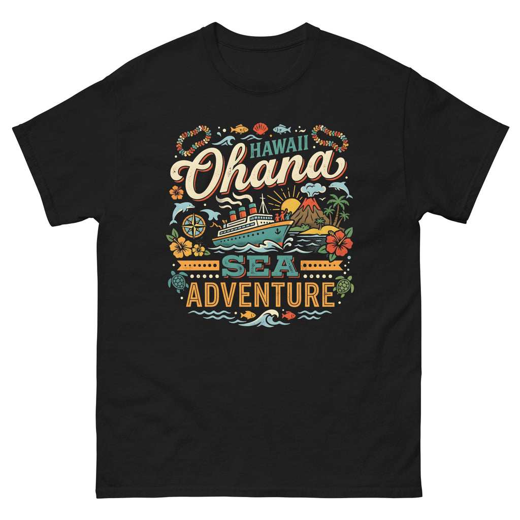 Hawaii Ohana Sea Adventure v1 Hawaiian t-shirt design on a Black unisex tee