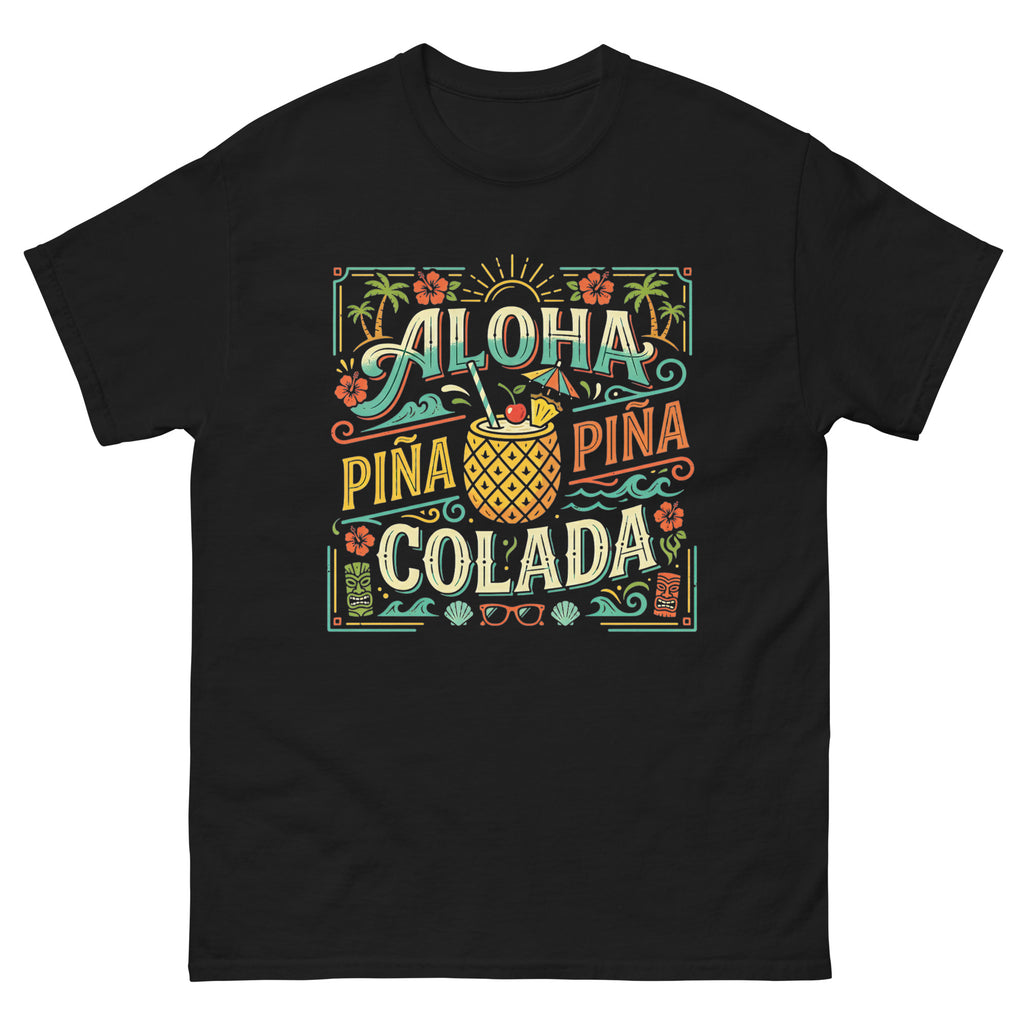 Hawaii Pina Coladas Aloha in a Glass v3 Hawaiian t-shirt design on a Black unisex tee