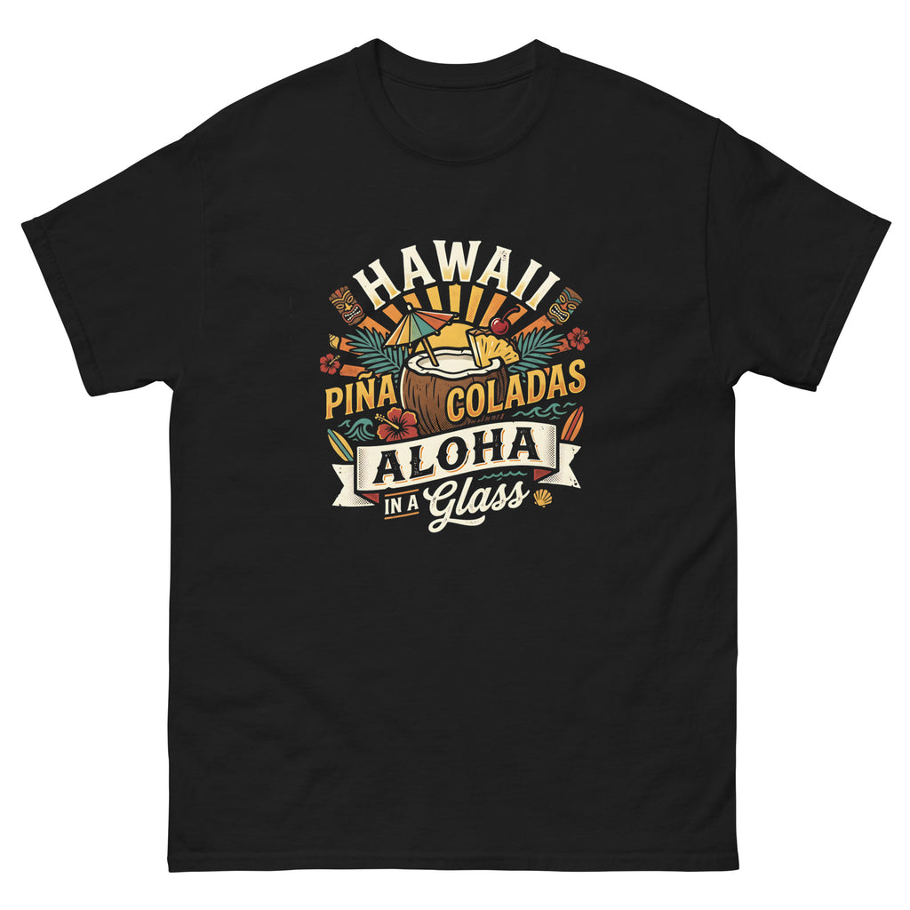Hawaii Pina Coladas Aloha in a Glass v1 Hawaiian t-shirt design on a Black unisex tee