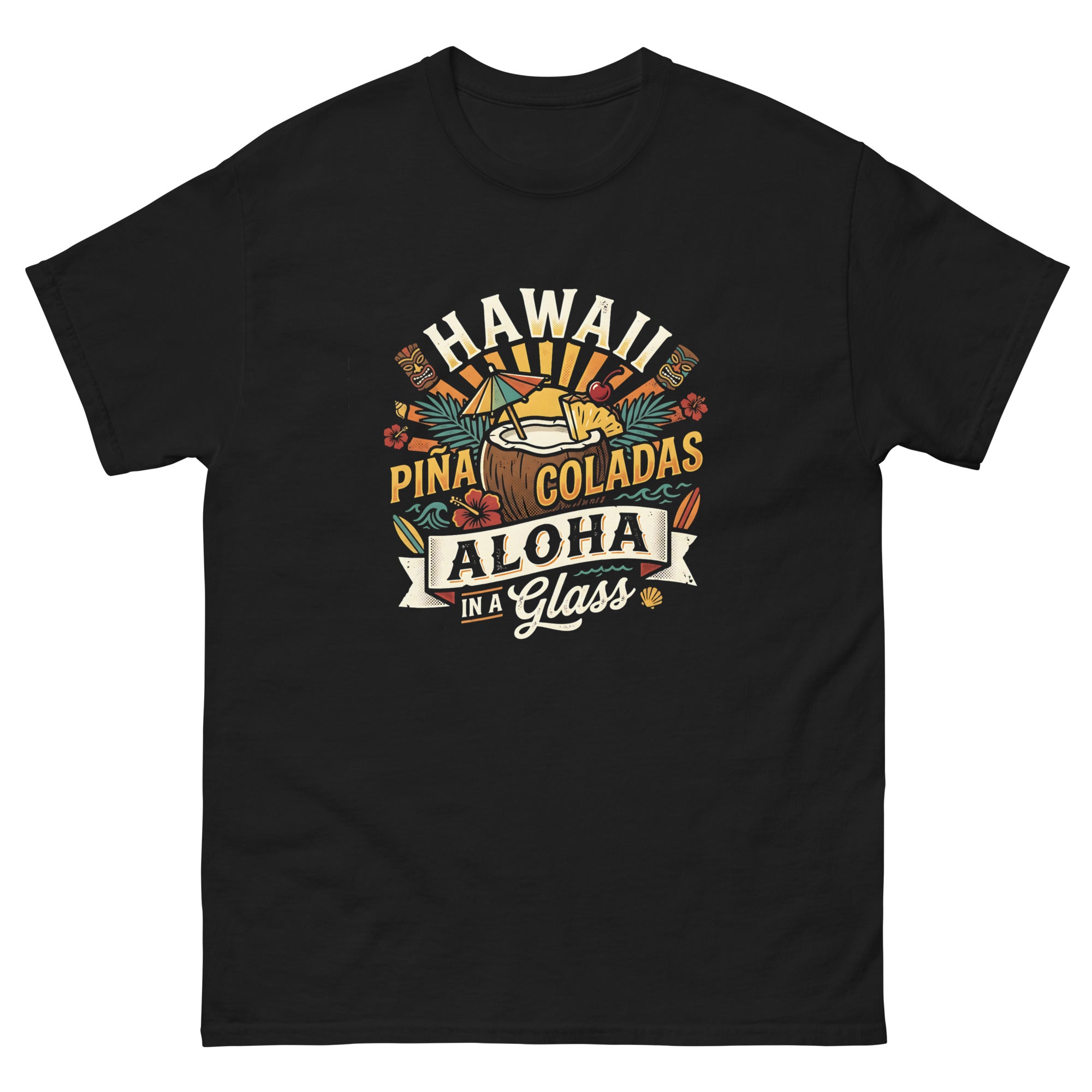 Hawaii Pina Coladas Aloha in a Glass v1 Hawaiian t-shirt design on a Black unisex tee