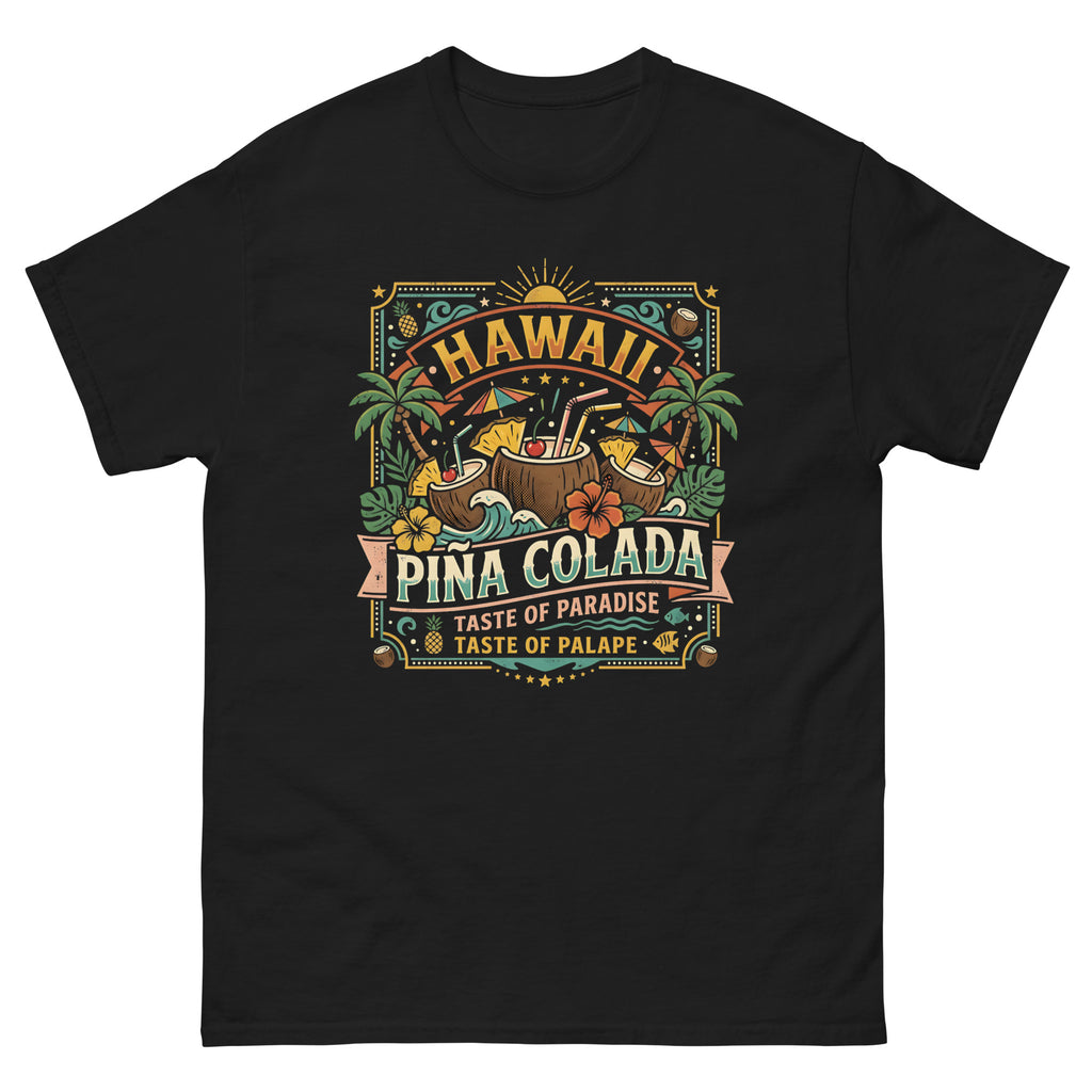 Hawaii Pina Coladas Aloha in a Glass v2 Hawaiian t-shirt design on a Black unisex tee