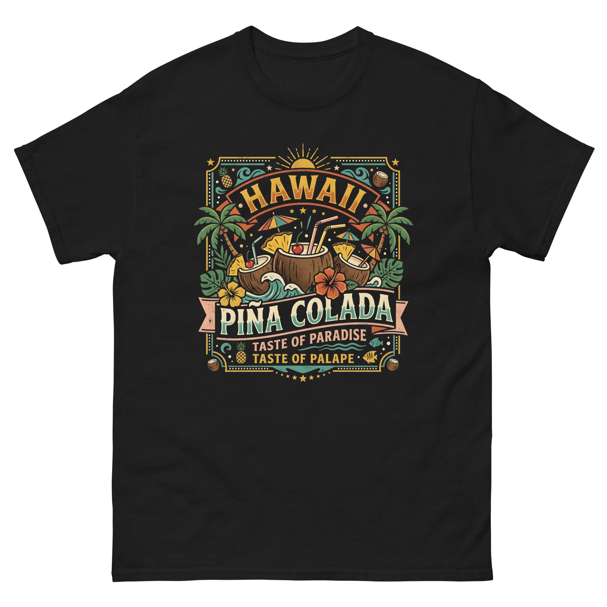Hawaii Pina Coladas Aloha in a Glass v2 Hawaiian t-shirt design on a Black unisex tee