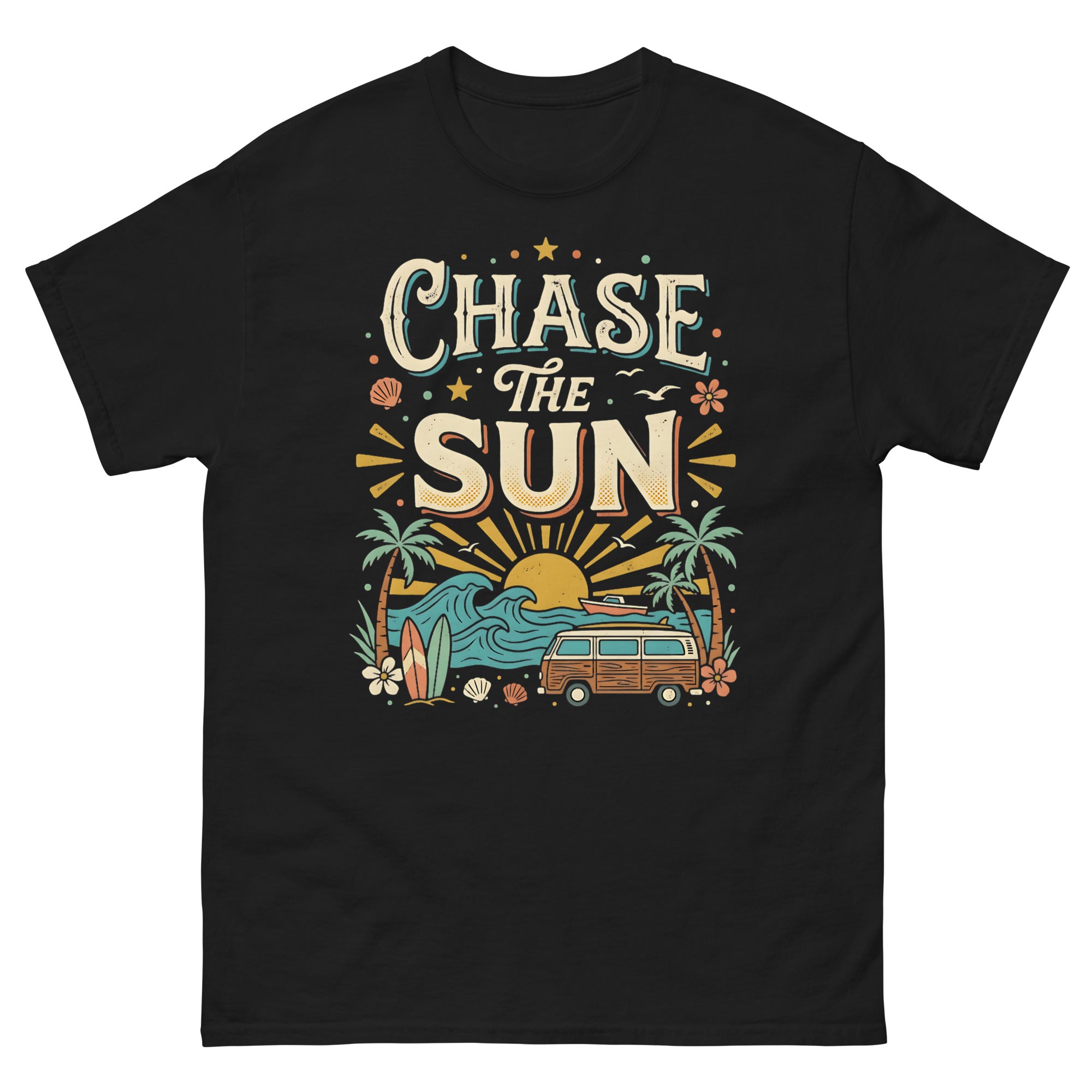 Chasing the Sun v4 Hawaiian t-shirt design on a Black unisex tee