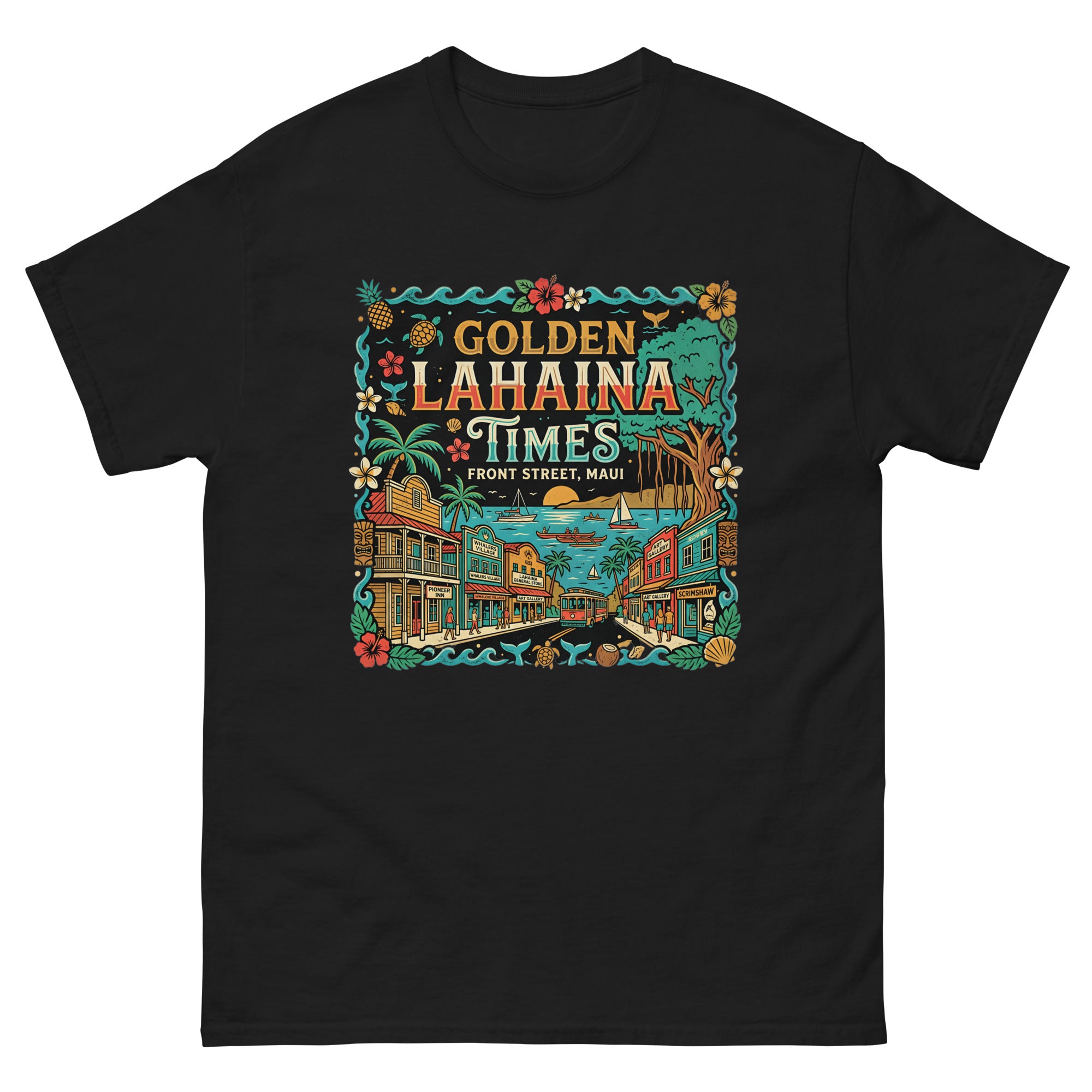 Golden Lahaina Times Front Street Hawaiian t-shirt design on a Black unisex tee